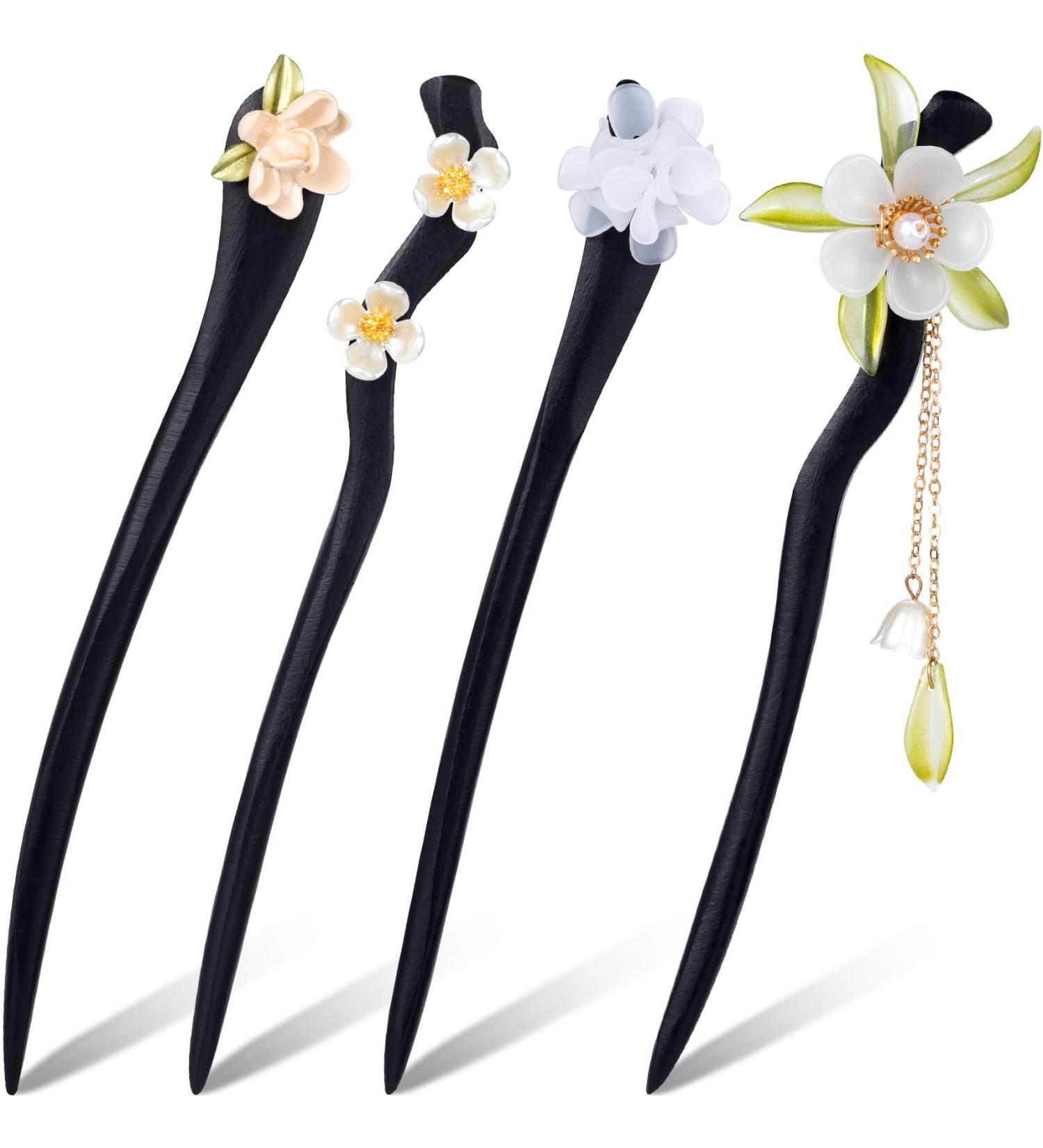 HINZIC 4 Pcs Chinese Japanese Style Hair Sticks - Vintage Wooden Hair Accessories for Buns and Updos - Buy Online on GoSupps.com