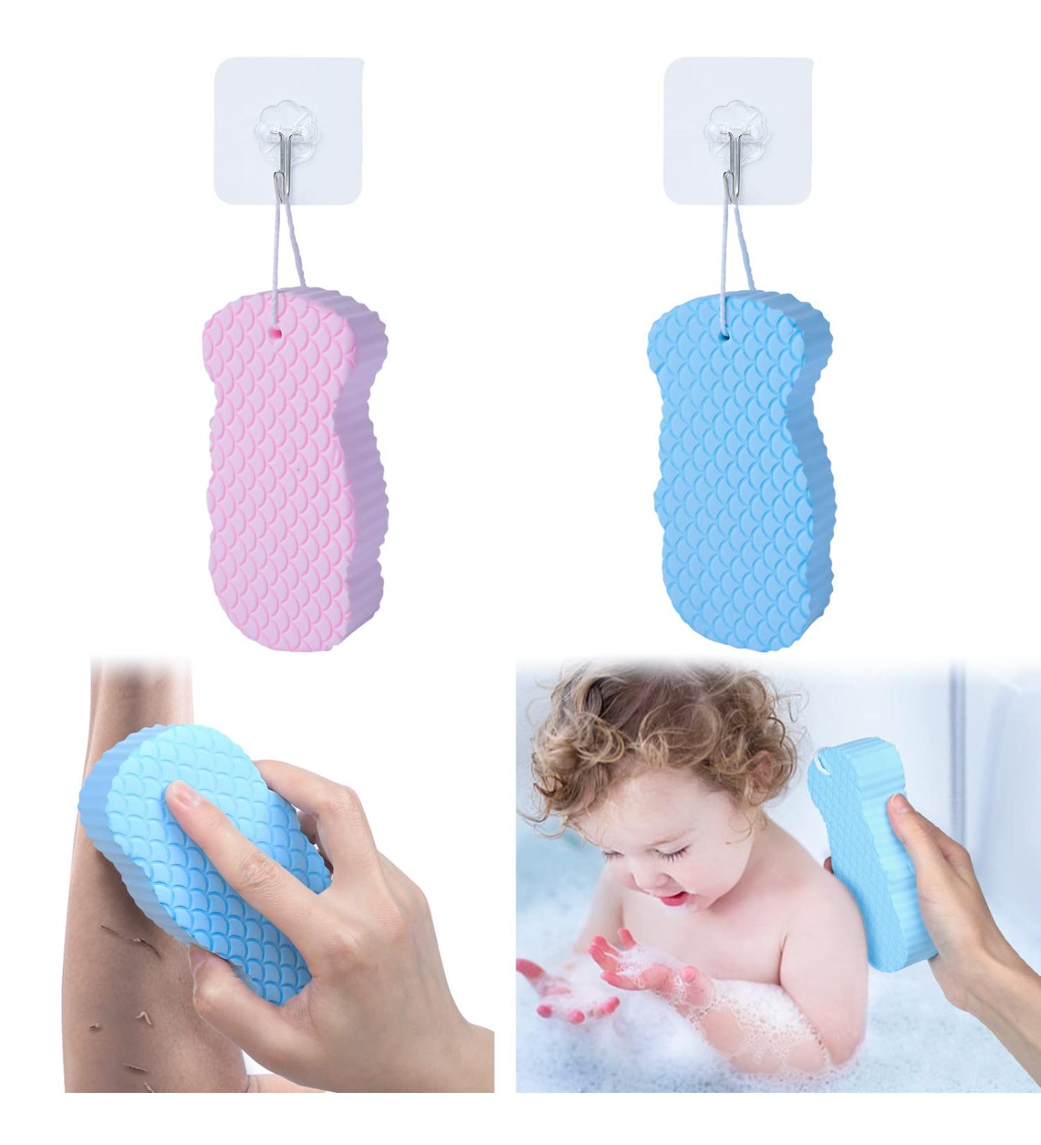 2Pcs Ultra Soft Exfoliating Bath Sponges + Sticky Hooks | Dead Skin Remover for Pregnant Women, Adults & Children | Reusable & Super Soft | Pink and Blue - Buy Online on GoSupps.com