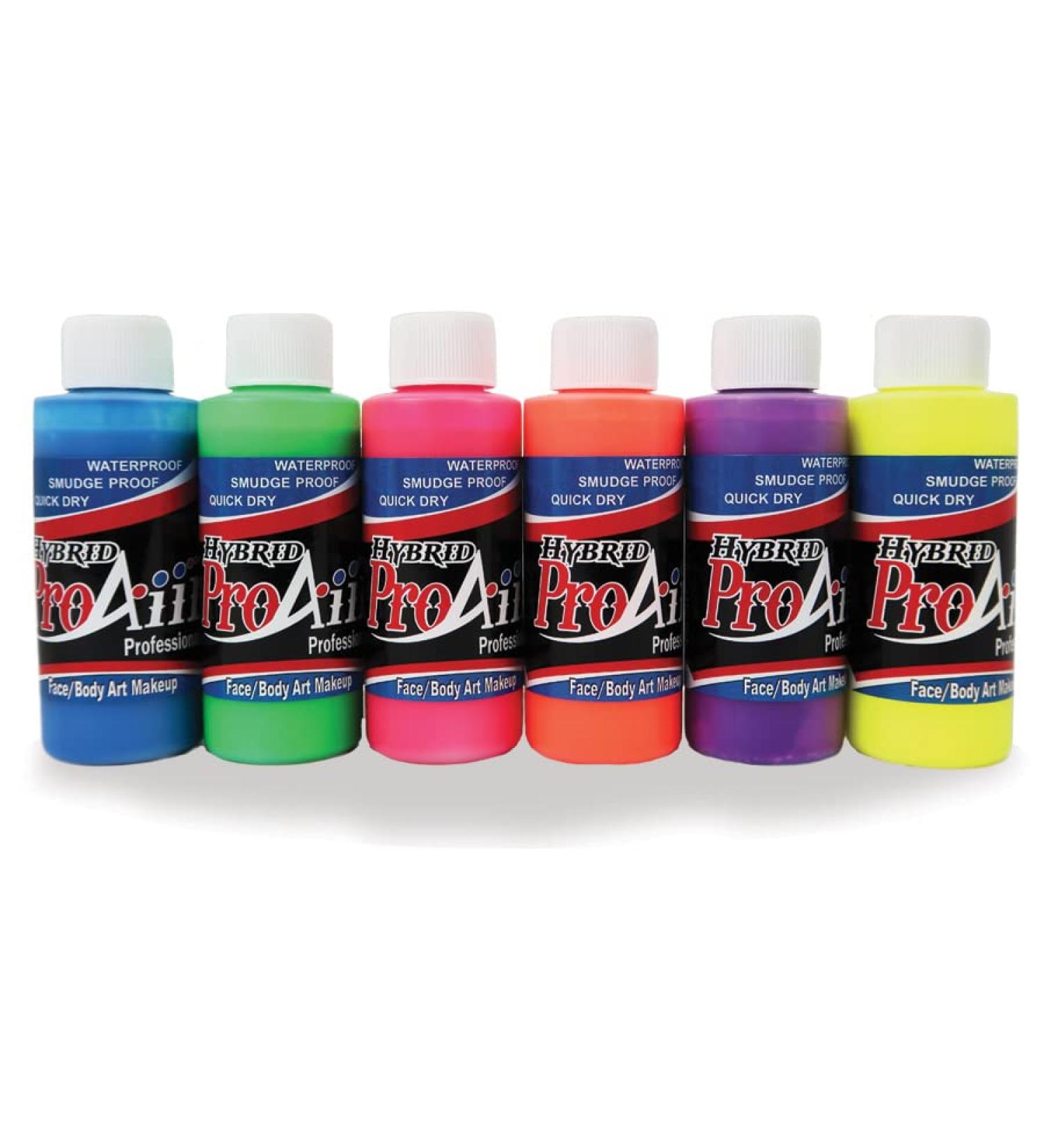 Face Painting Makeup - ProAiir Water Resistant Makeup - Set of 6 UV/Fluorescents - 1 oz (30ml) 1 Ounce