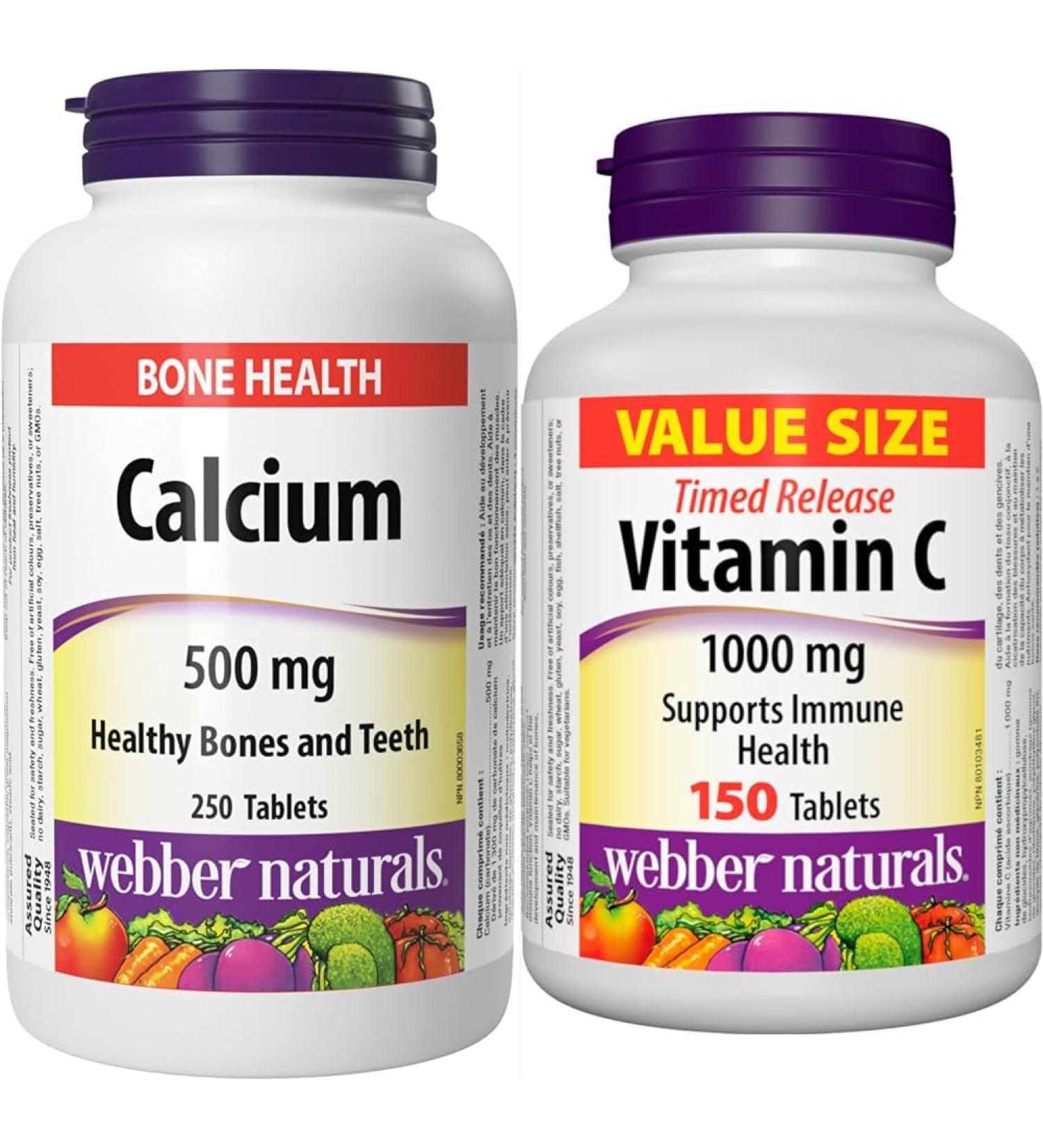 Webber Naturals Calcium Carbonate 250 Tablets + Vitamin C Timed Release 1000 mg 150 Tablets Bundle Calcium Carbonate + Release 1 000 mg - Buy Online on GoSupps.com