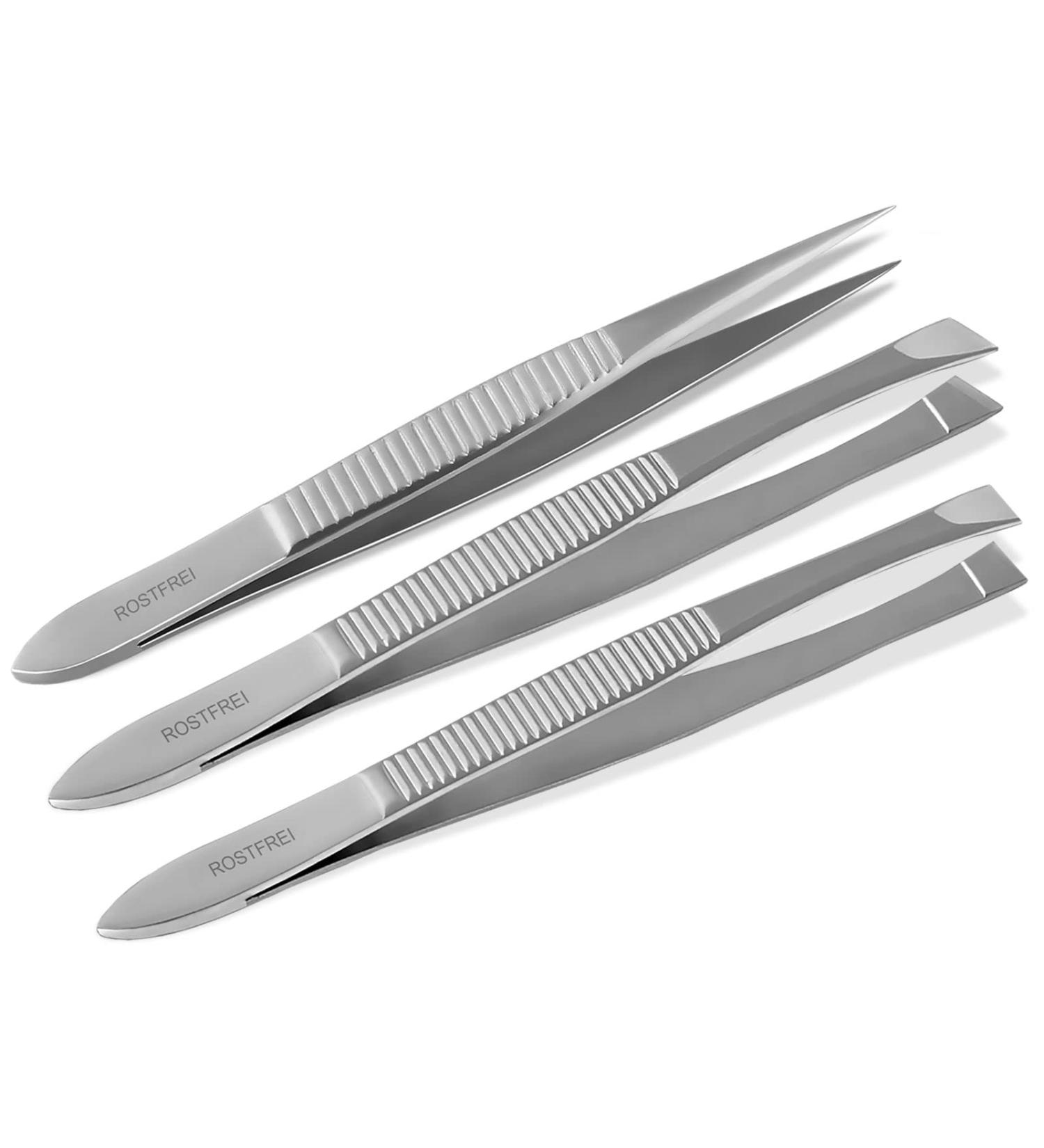 Premium Hair Plucking Tweezers Set of 3 Slanted Pointed & Straight Head Stainless Steel 8 cm for Precision Grooming - Buy Online on GoSupps.com