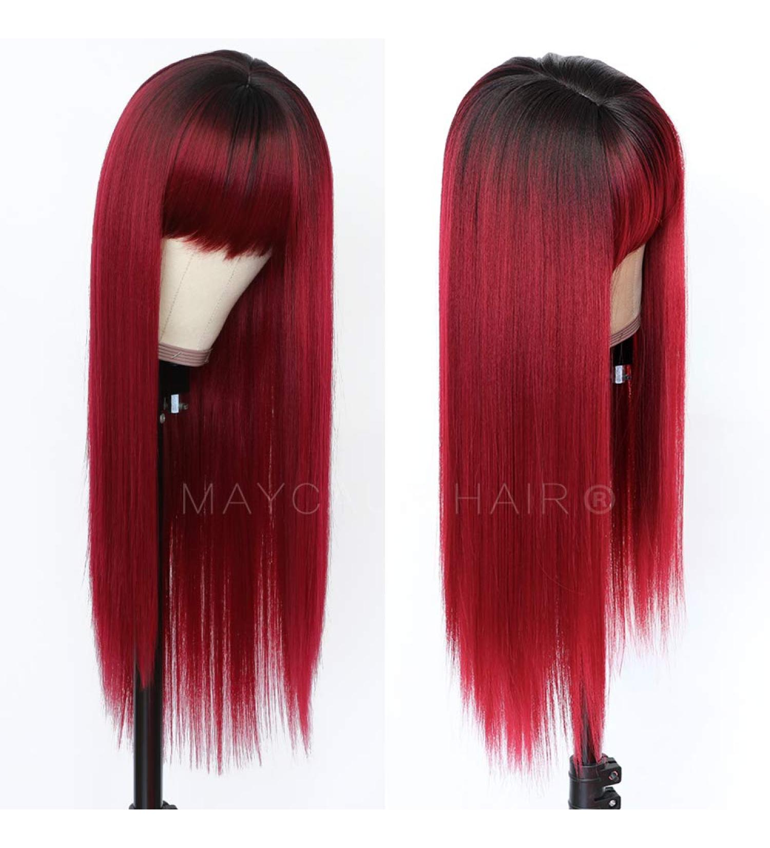 Maycaur Red Synthetic Hair Wig with Full Bangs - Long Straight Black Red Ombre Fashion Wig for Women - Buy Online on GoSupps.com