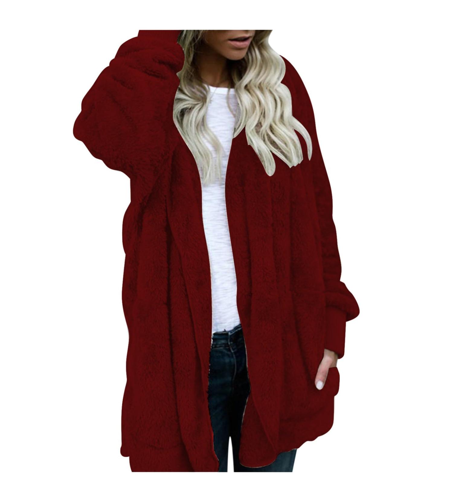 Shop Hanxiulin Women's Fleece Plush Jacket - Warm Fluffy Hooded Cardigan in 3XL Red | International Shipping Available - Buy Online on GoSupps.com