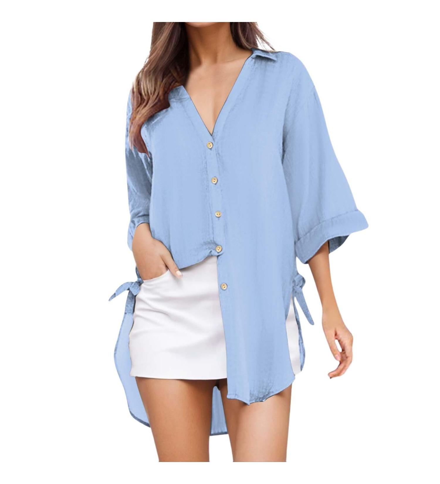 Women Cotton and Linen Shirt Casual Long Sleeve V Neck Blouses Button Down Ladies Business Office Work Loose Tops Basic Summer Tees 606-qppoj-bu2-d XL - Buy Online on GoSupps.com