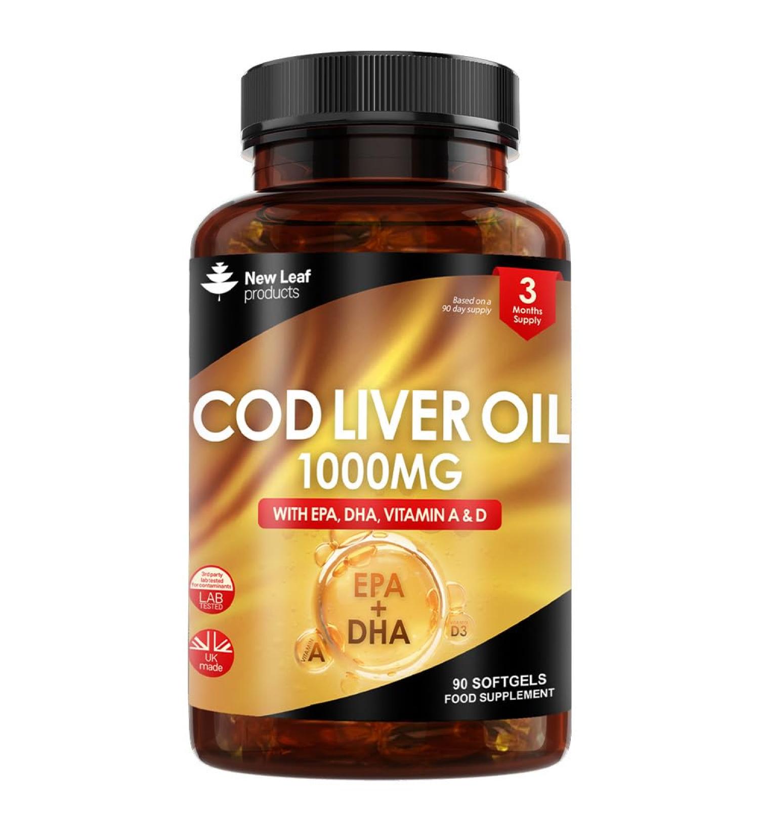 High Strength Cod Liver Oil Capsules 1000mg - 90 Softgels with Omega 3 EPA DHA, Vitamins A & D - UK Made by New Leaf - Buy Online on GoSupps.com
