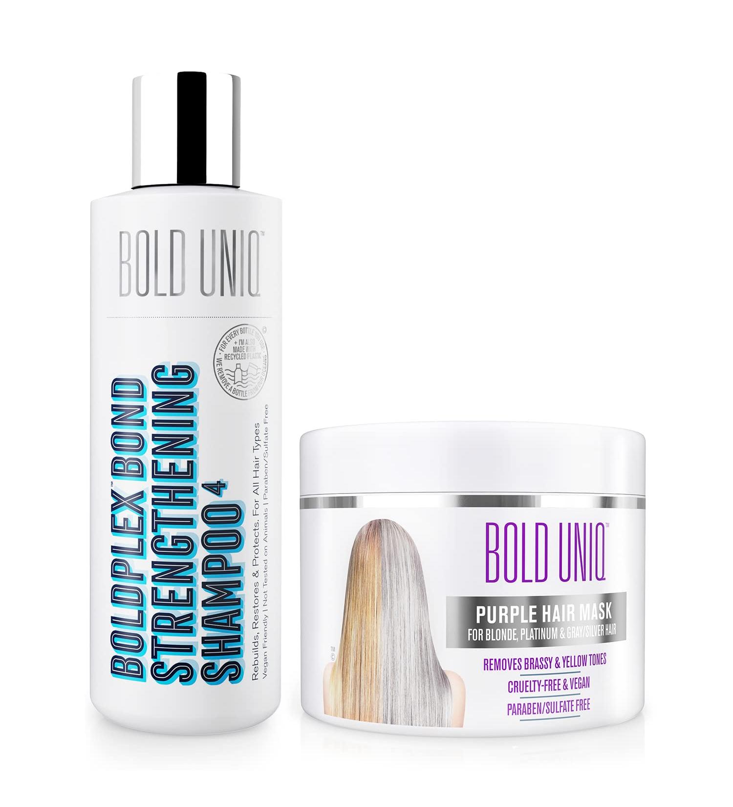 BOLD UNIQ Purple Hair Mask & BoldPlex 4 Bond Strengthening Protein Shampoo Bundle - For Blonde, Platinum, Bleached, Silver, Gray Hair - Remove Yellow Tones, Condition Dry Hair - Buy Online on GoSupps.com