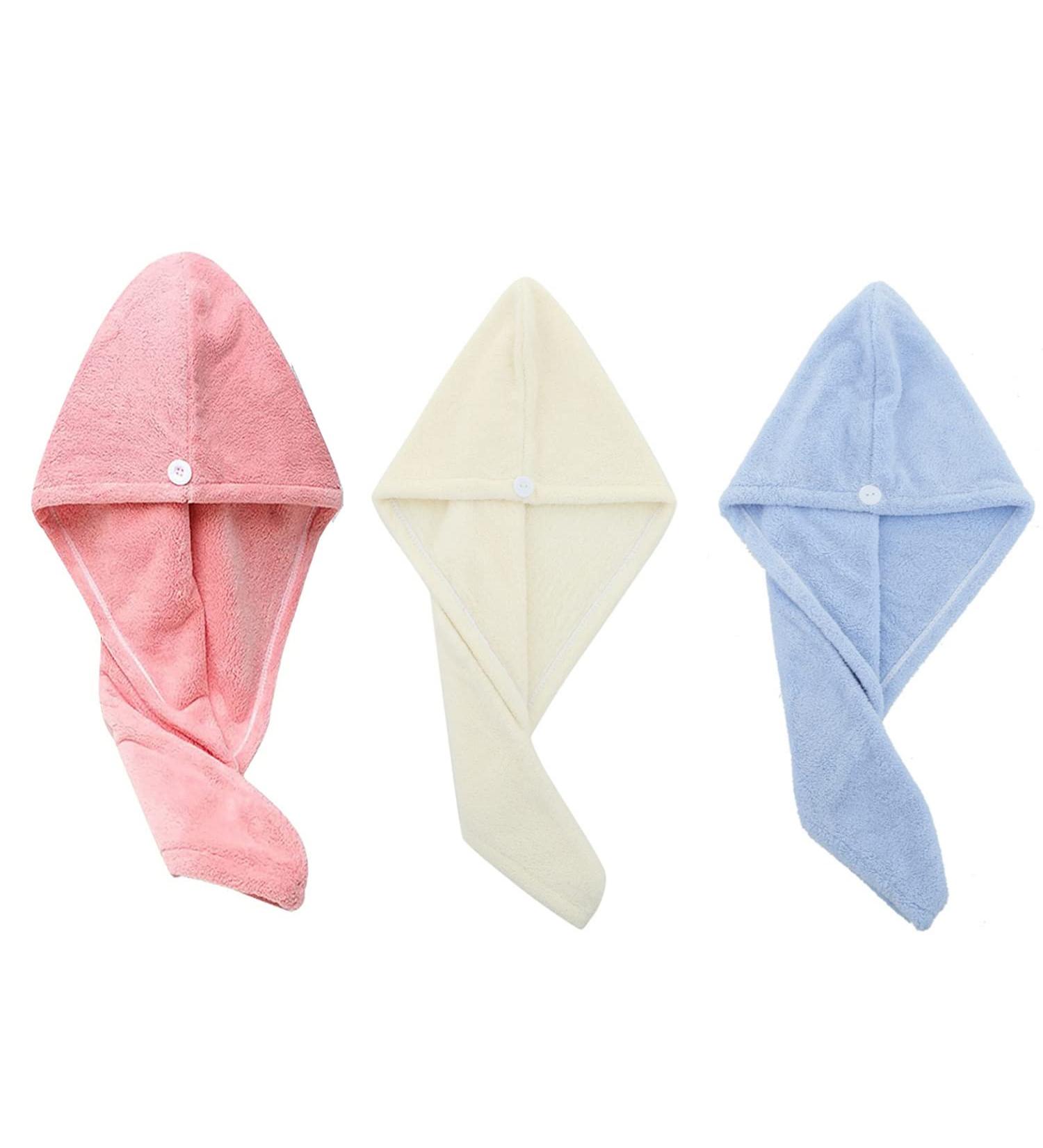 3-Piece Microfiber Hair Turban Towel Set | Quick-Drying Super Absorbent for All Hair Types - White Blue & Pink - Buy Online on GoSupps.com