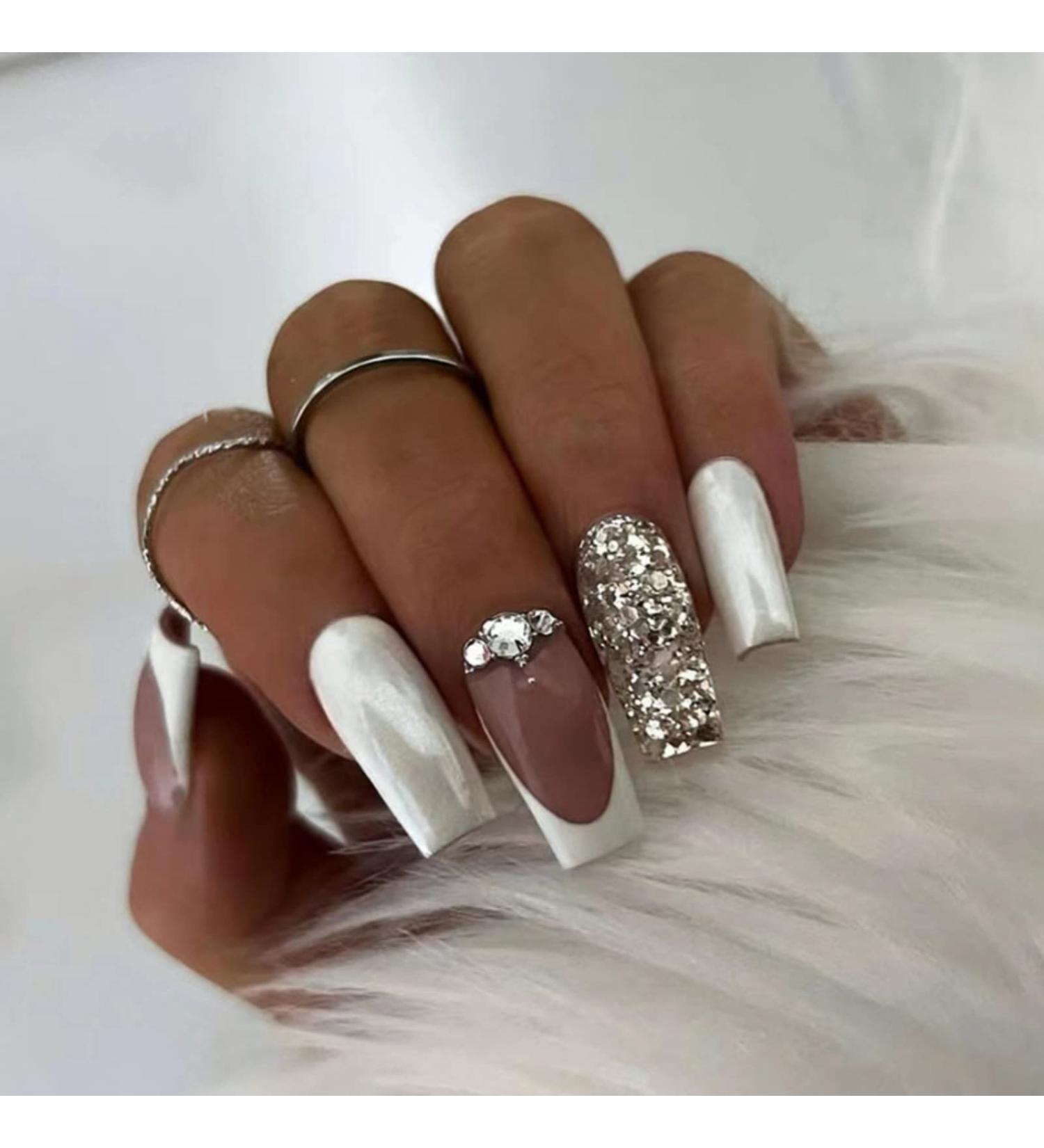 JUSTOTRY 24 Pcs Glitter French Press on Nails - Milky White Diamond Long False Nails for Women with Glue - Acrylic Coffin Ballerina Stick on Nails for Nail Art - Buy Online on GoSupps.com