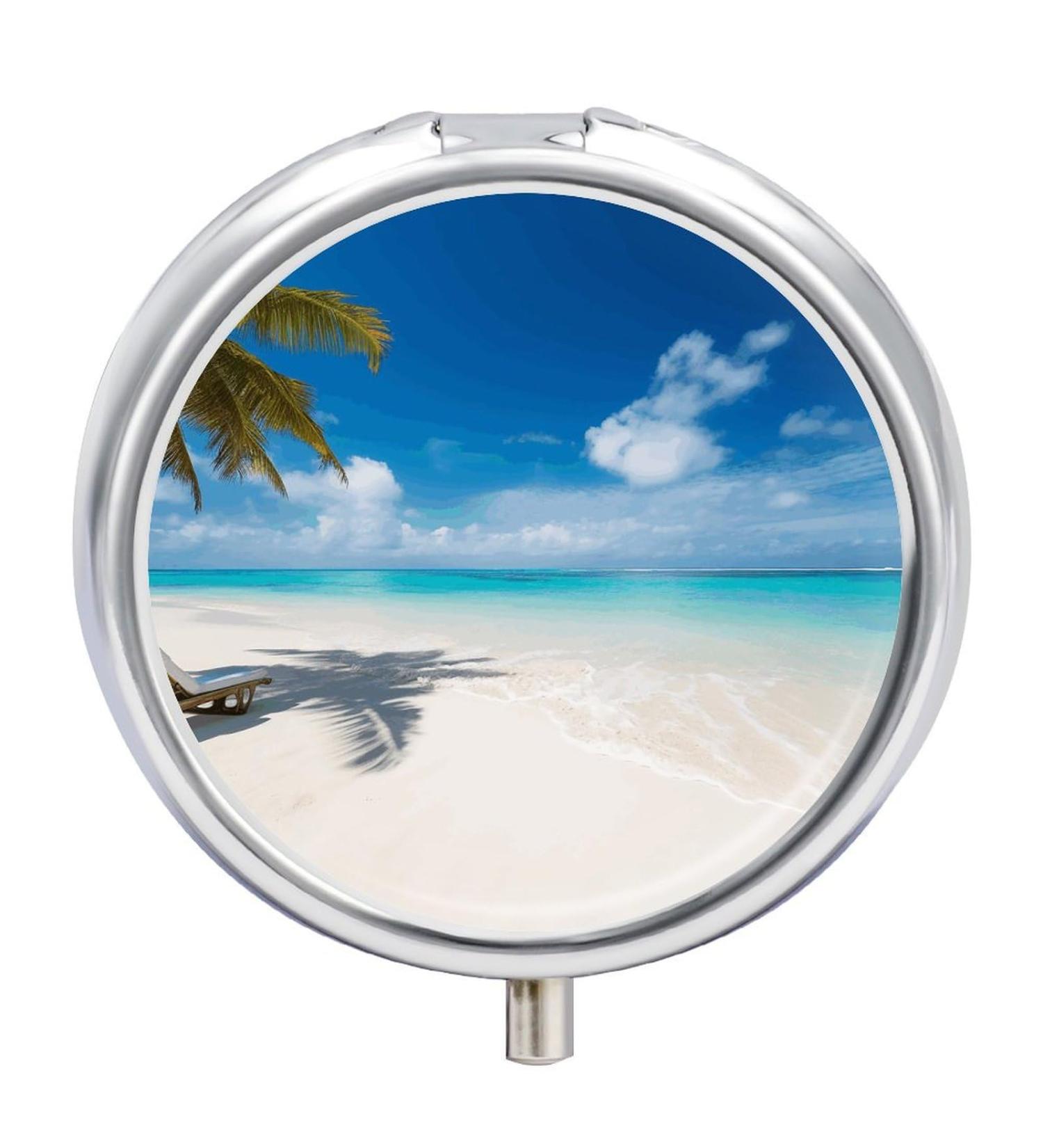 Round Pill Box - Tropical Beach Print | 3 Compartment Portable Medicine Organizer | Decorative Metal Pocket Pill Case - Style 30 - Buy Online on GoSupps.com