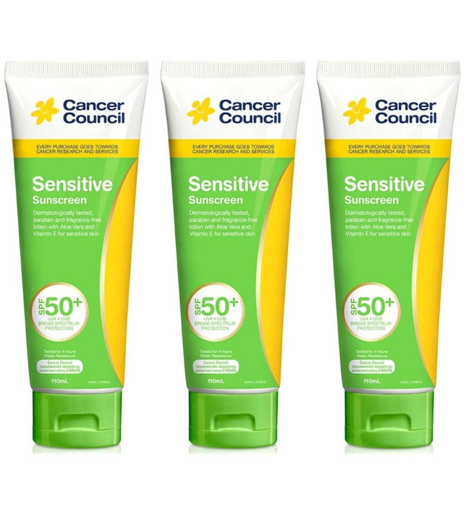 CANCER COUNCIL Sensitive Sunscreen Lotion SPF50+ with Aloe Vera and Vitamin E for Sensitive Skin - 110 ml x 3.