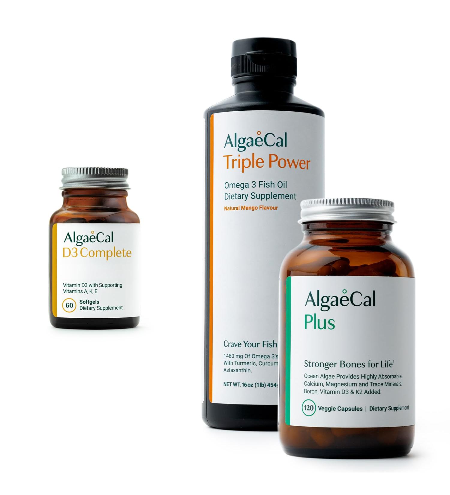 ALGAECAL Bundle - Vitamin D3 Complete (1000 IU) + Vitamins K2 E & A & Plant-Based Calcium for Stronger Bones & Fish Oil Omega 3 1200mg EPA DHA - Buy Online on GoSupps.com