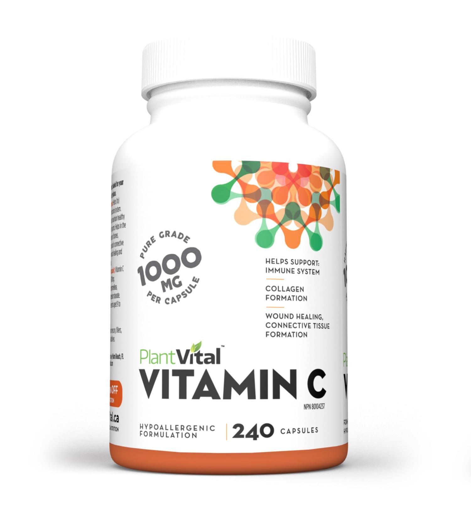 PlantVital Vitamin C 1000mg MAXIMUM STRENGTH -Vit C Supplements helps support immune system collagen and connective tissue formation - Stronger bones teeth and gums - 8 Months Supply - 240 Capsules 240 Count (Pack of 1) - Buy Online on GoSupps.com