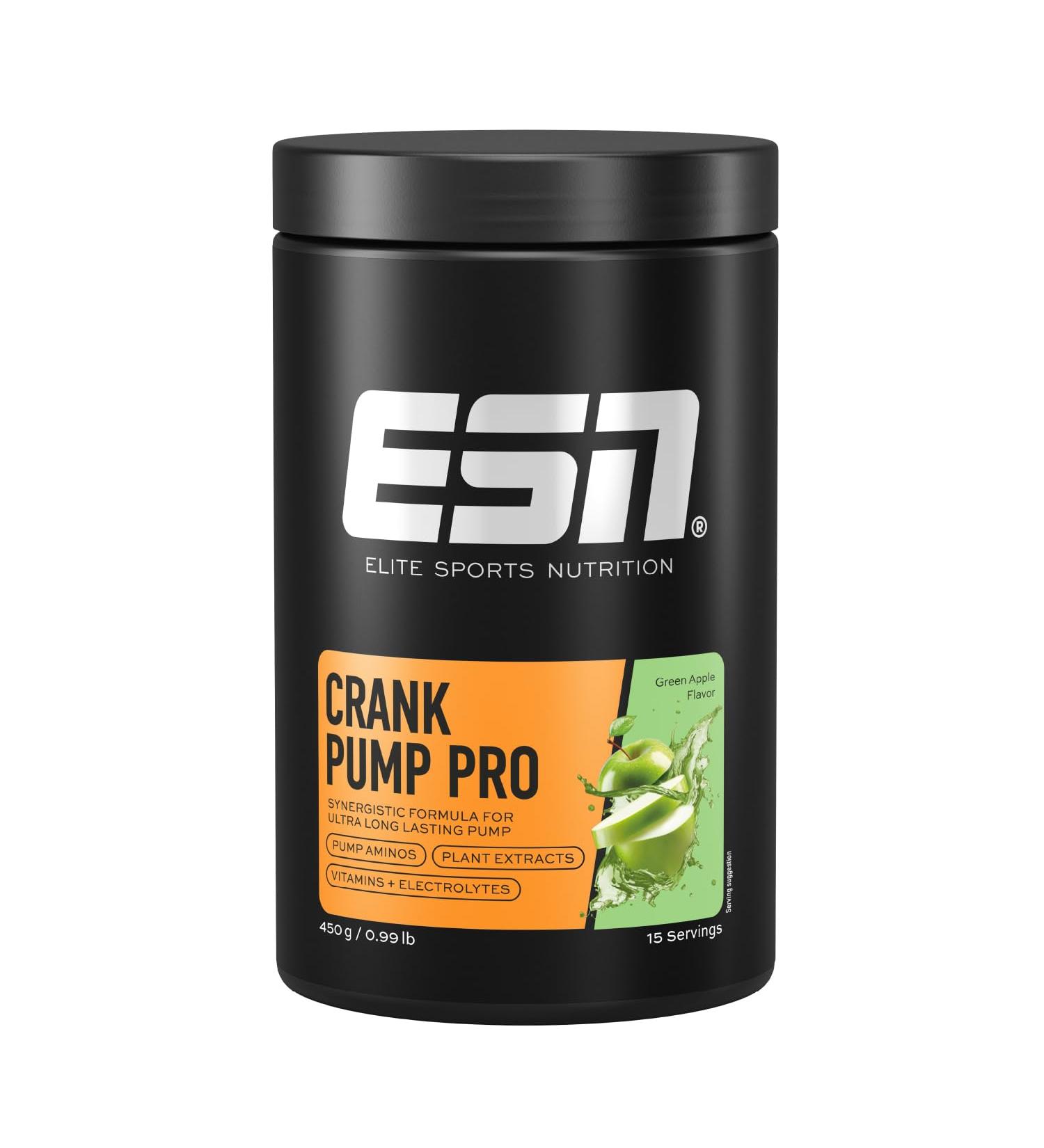 ESN Crank Pump Pro 450g - Pre Workout Booster | Green Apple Flavor | Maximum Muscle Pump & Performance | Tested Quality Made in Germany - Buy Online on GoSupps.com