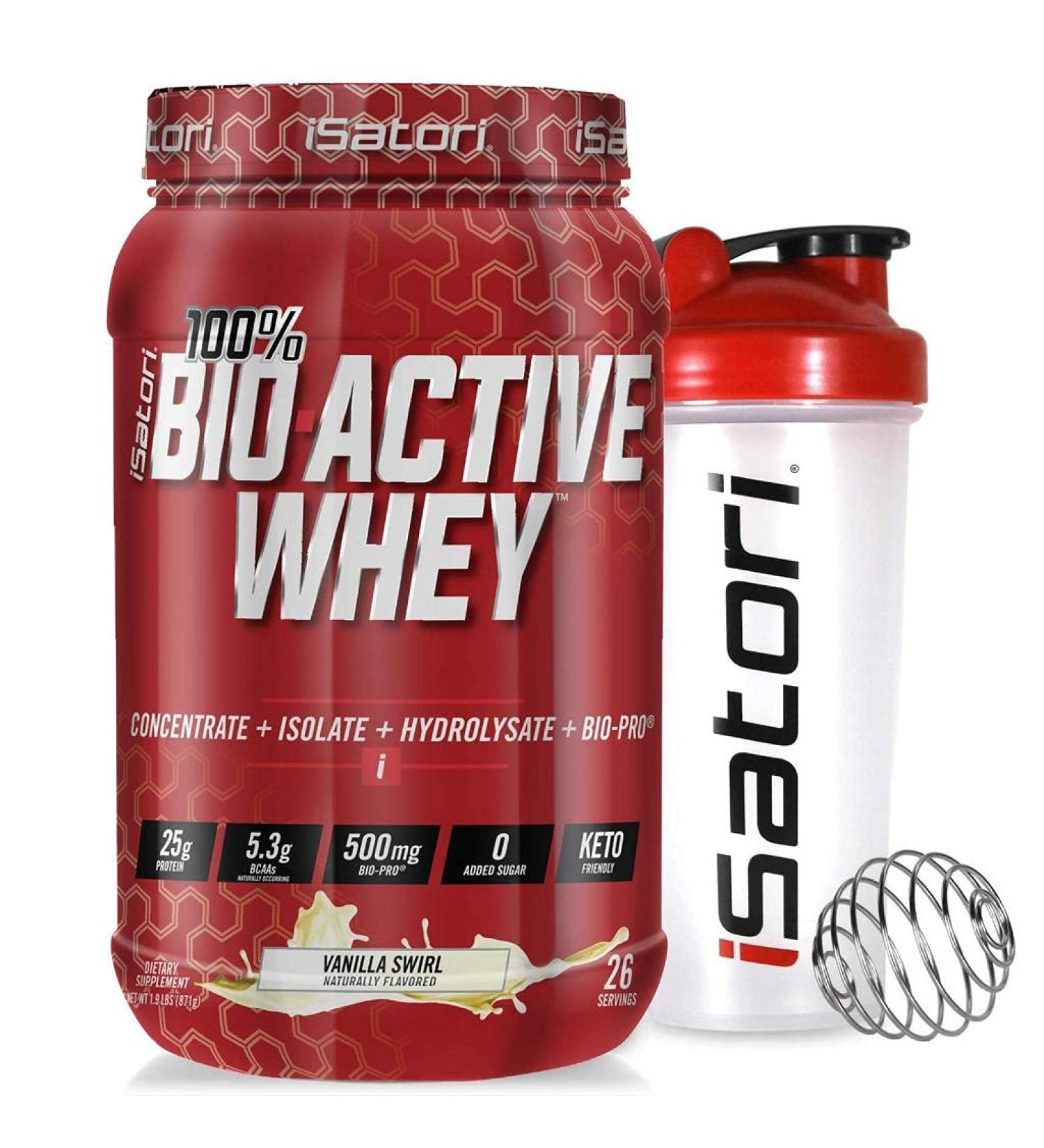 iSatori Bio-Active Whey Protein Powder - Vanilla Swirl (30 Servings) & iSatori Classic Blender Bottle (Clear Bottle with Red Top) - Buy Online on GoSupps.com