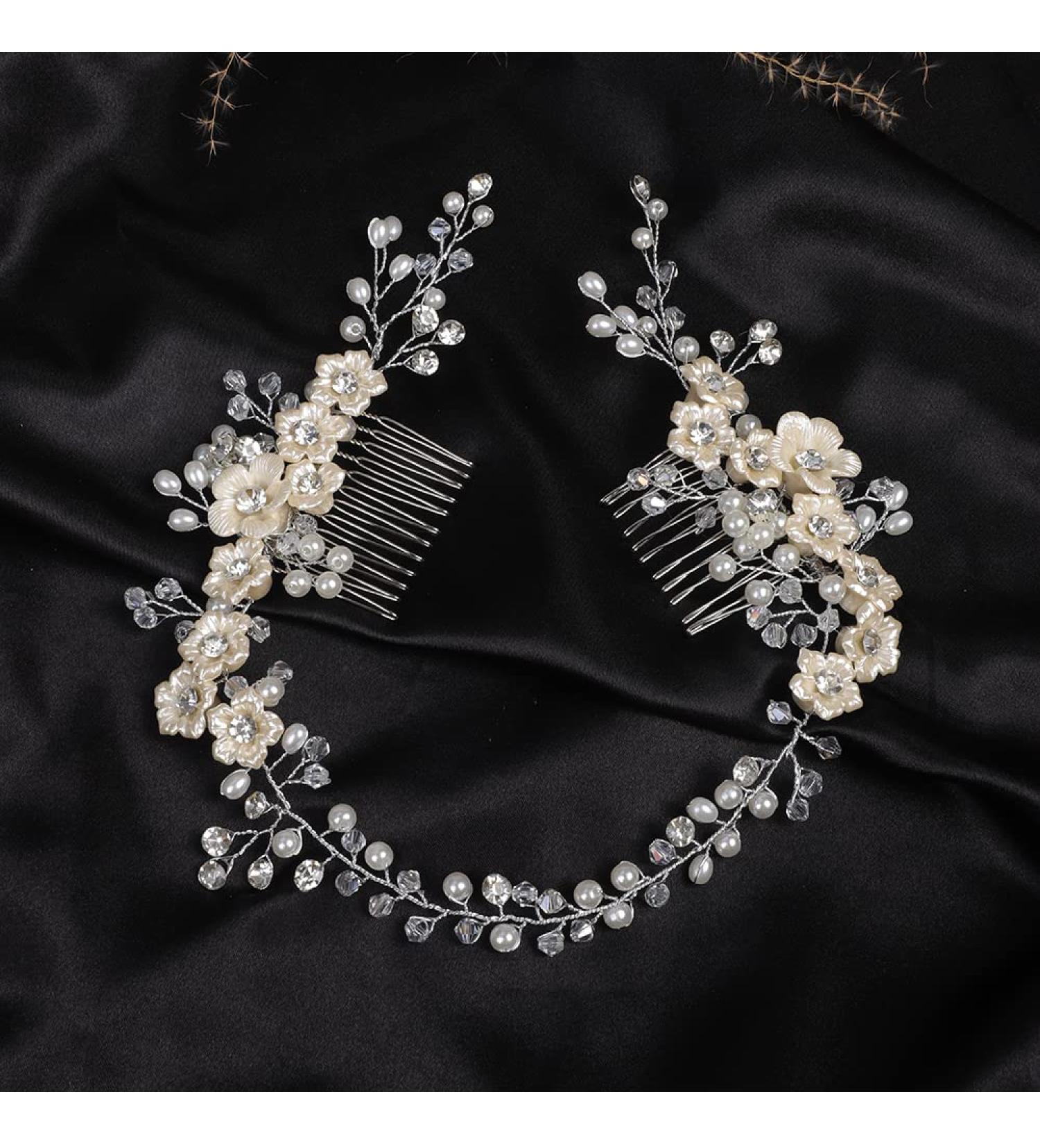 BERYUAN Bridal White Flowers Crystal Pearl hair comb Silver Hair Accessories for Wedding Women and Girls Side Flower Headband Hair Comb - Buy Online on GoSupps.com