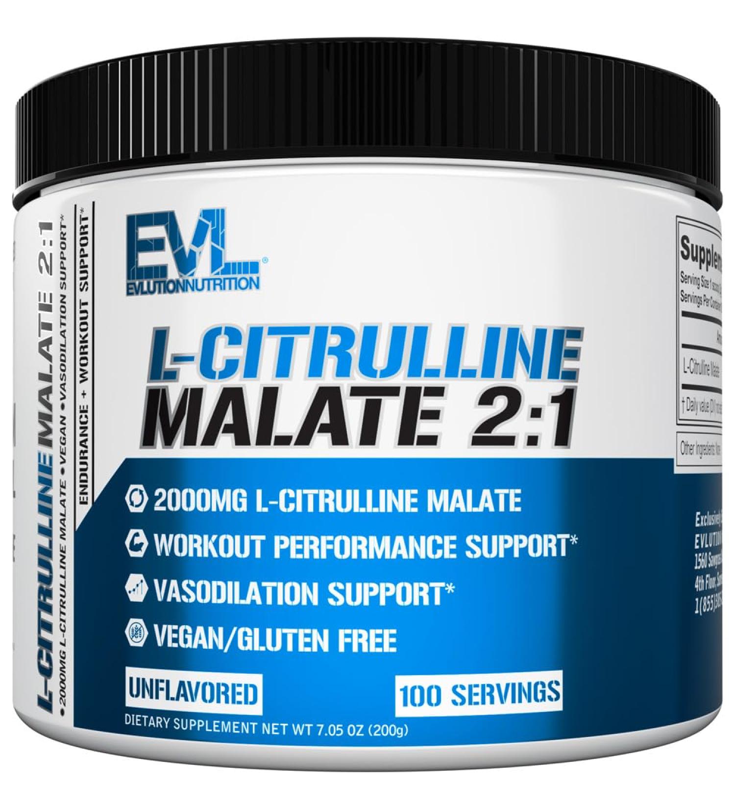 Evlution Nutrition L-Citrulline Malate 200mg - Vegan Gluten Free - 100 Servings for Enhanced Workout Performance & Vasodilation Support - Dietary Supplement - Buy Online on GoSupps.com