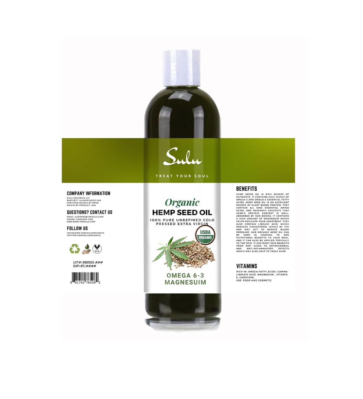 100% Pure Unrefined Certified Organic Hemp Seed Oil Cold Pressed 32 Oz