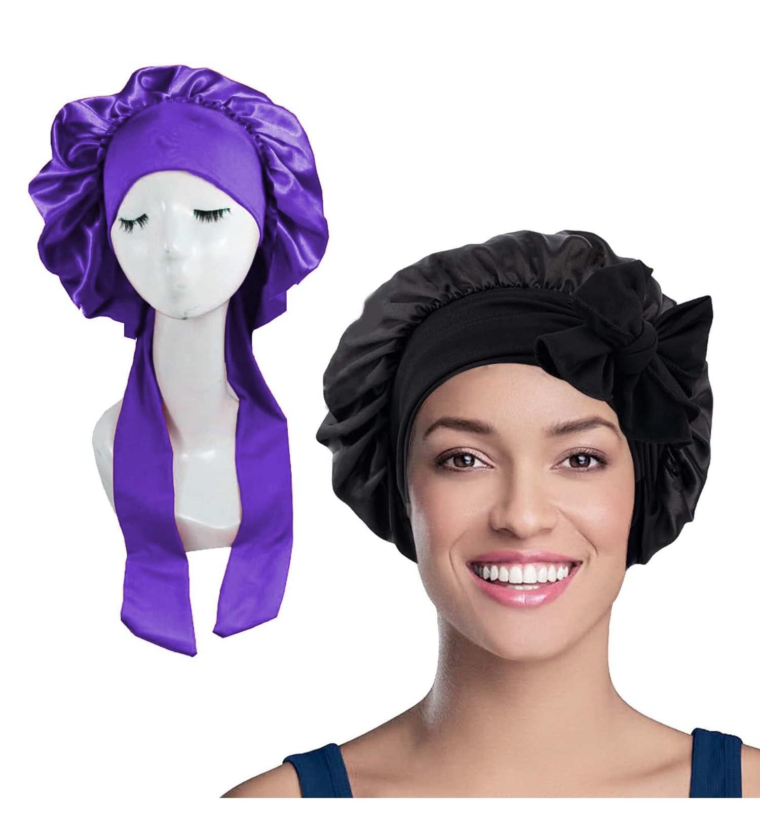 WUBAYI 2PCS Satin Bonnet Silk Bonnet Hair Wrap for Sleeping Hair Bonnet for Bath Tie Band for Women Long Curly Braid Hair Black Purple - Buy Online on GoSupps.com