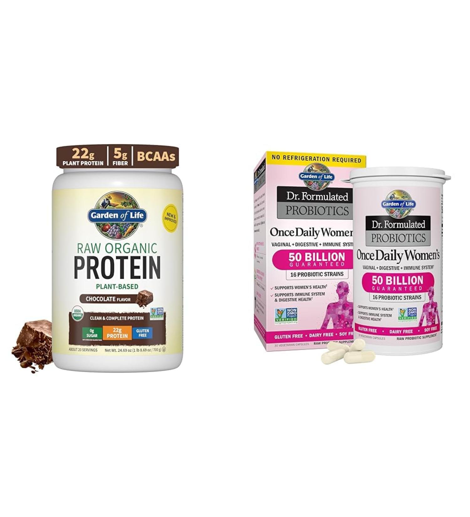 Garden of Life Vegan Protein Powder - 22g Raw Plant Protein BCAAs Probiotics & Digestive Enzymes & Dr. Formulated Women's Probiotics Once Daily 16 Strains 50 Billion 30 Count - Buy Online on GoSupps.com