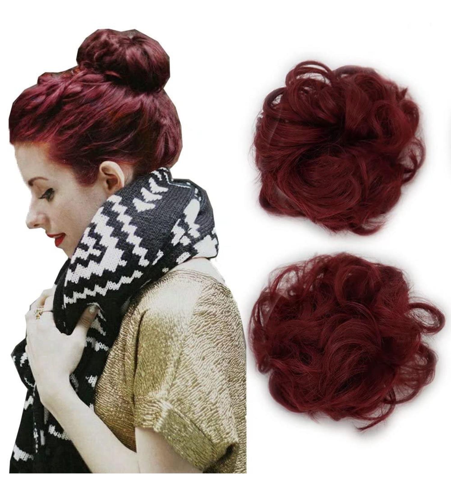 iLUU Hair Bun Updo Hairpiece Scrunchy Curly Wavy Big Chignons Hair Extensions Violet Red Synthetic Wigs Hair Extension Bun for Women Girls 2pcs/pack #118 #118-violet red 70.0 gram - Buy Online on GoSupps.com