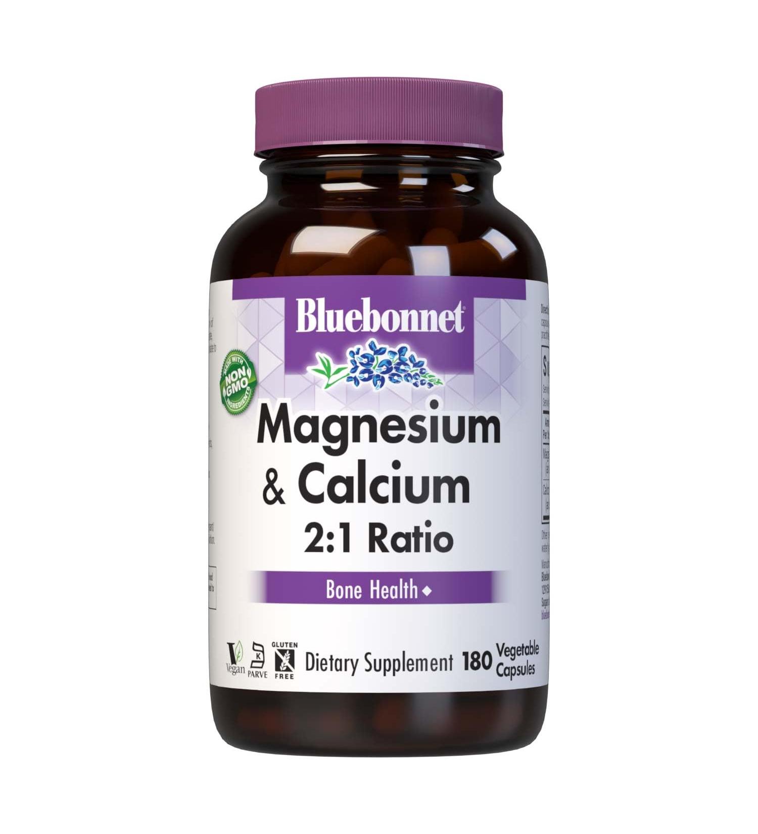 Bluebonnet Nutrition Magnesium & Calcium 2:1 Ratio Bone Health* Non-GMO Vegan Kosher Certified Gluten-Free Soy-Free Dairy-Free 180 Vegetable Capsules 60 Servings Unflavored 180 Count (Pack of 1)