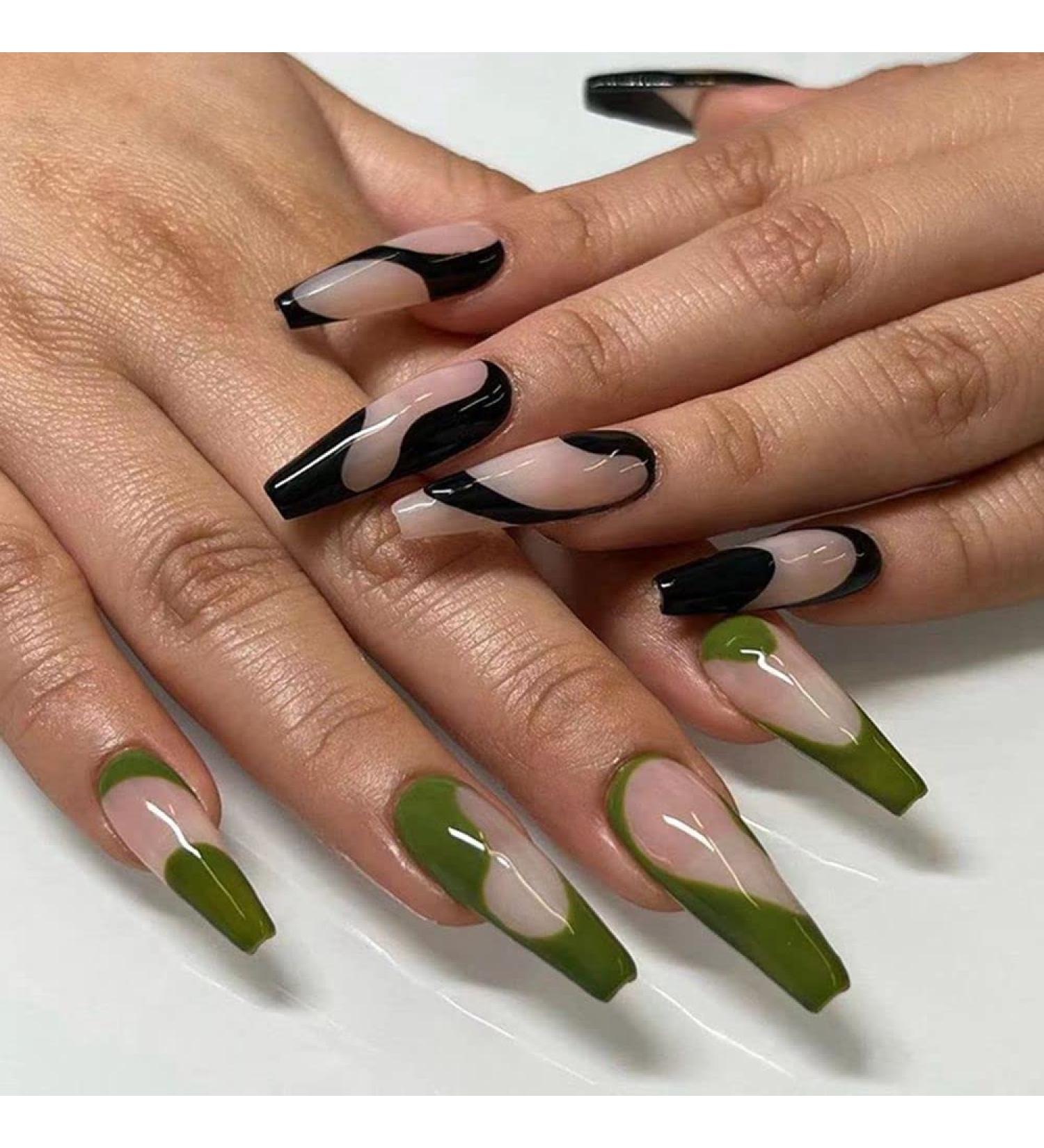 Green and Black Mandarin Ducks Long Coffin False Nails Wearable Wavy Rhinestone Ballerina Fake Nails Full Cover Manicure Tool 1
