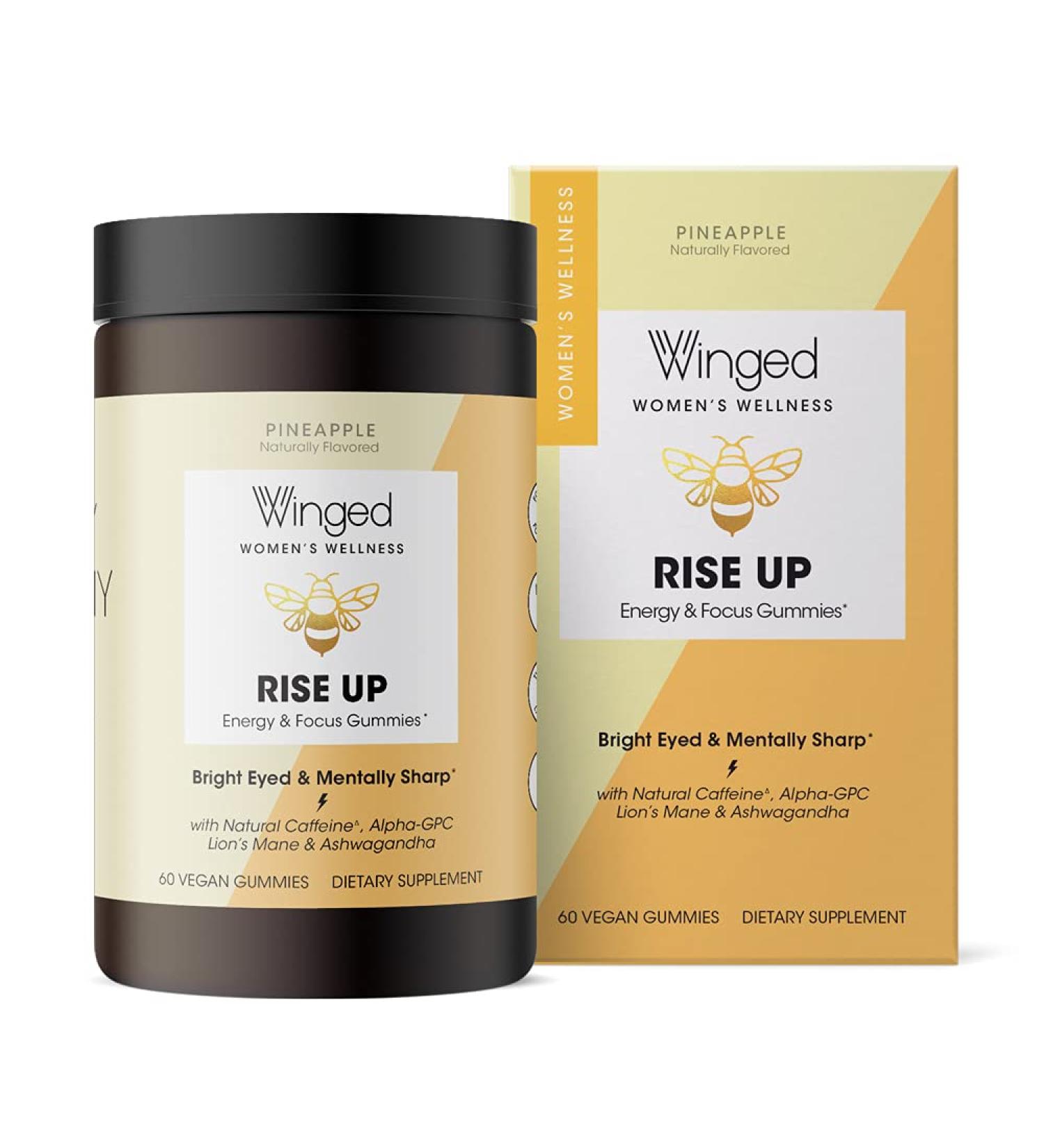 Winged Rise Up Gummies | Energy & Brain Boost Supplement with Natural Caffeine, Ashwagandha, B12, Nootropics & Pineapple Flavor - 60 Count - Buy Online on GoSupps.com