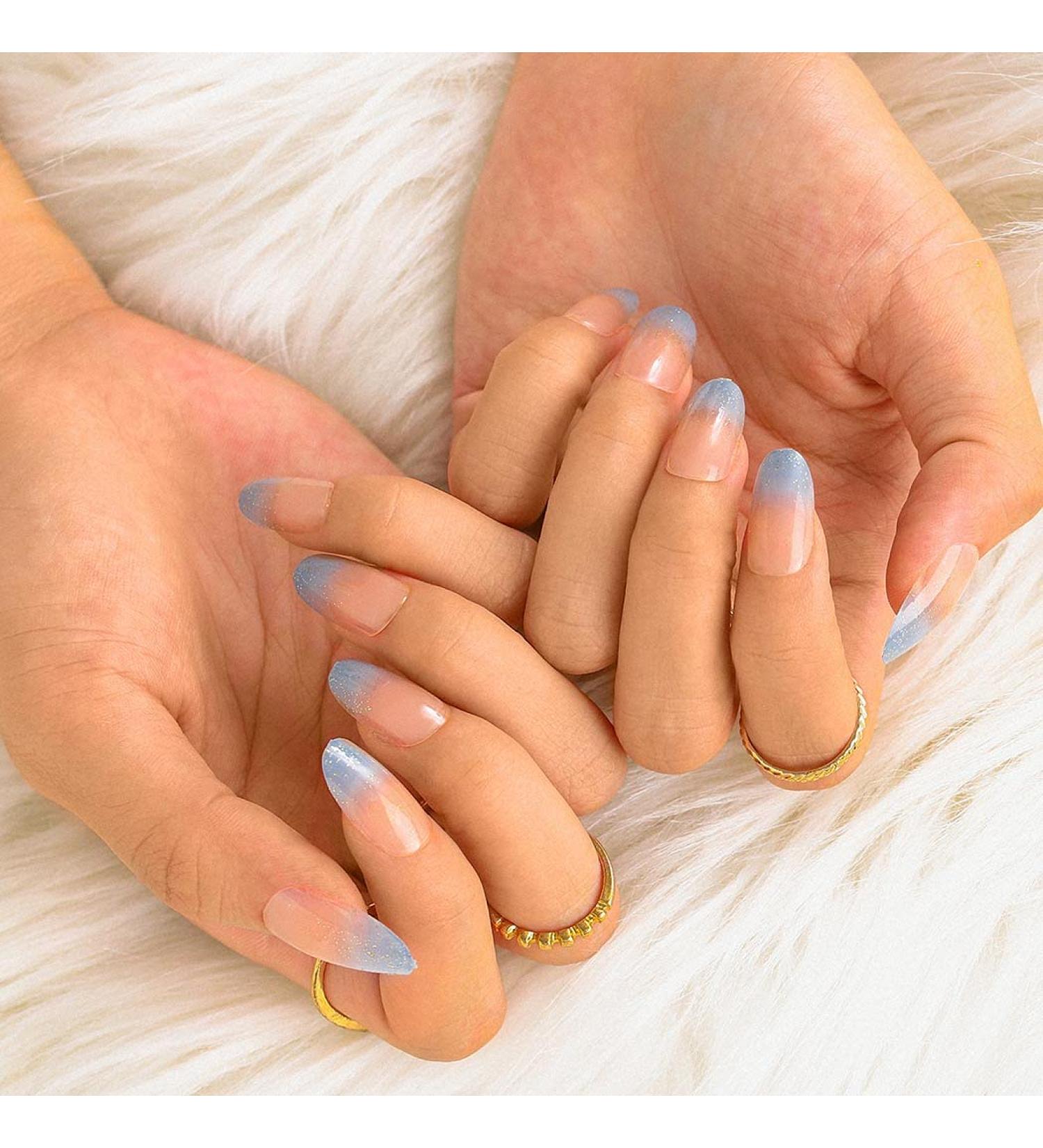 Sethexy Shiny Oval False Fingernails - Sparkle Acrylic Gradient Nail Tips (24 pcs) with Glue - Complete Cover Press-On Nails for Women & Girls in Blue - Buy Online on GoSupps.com