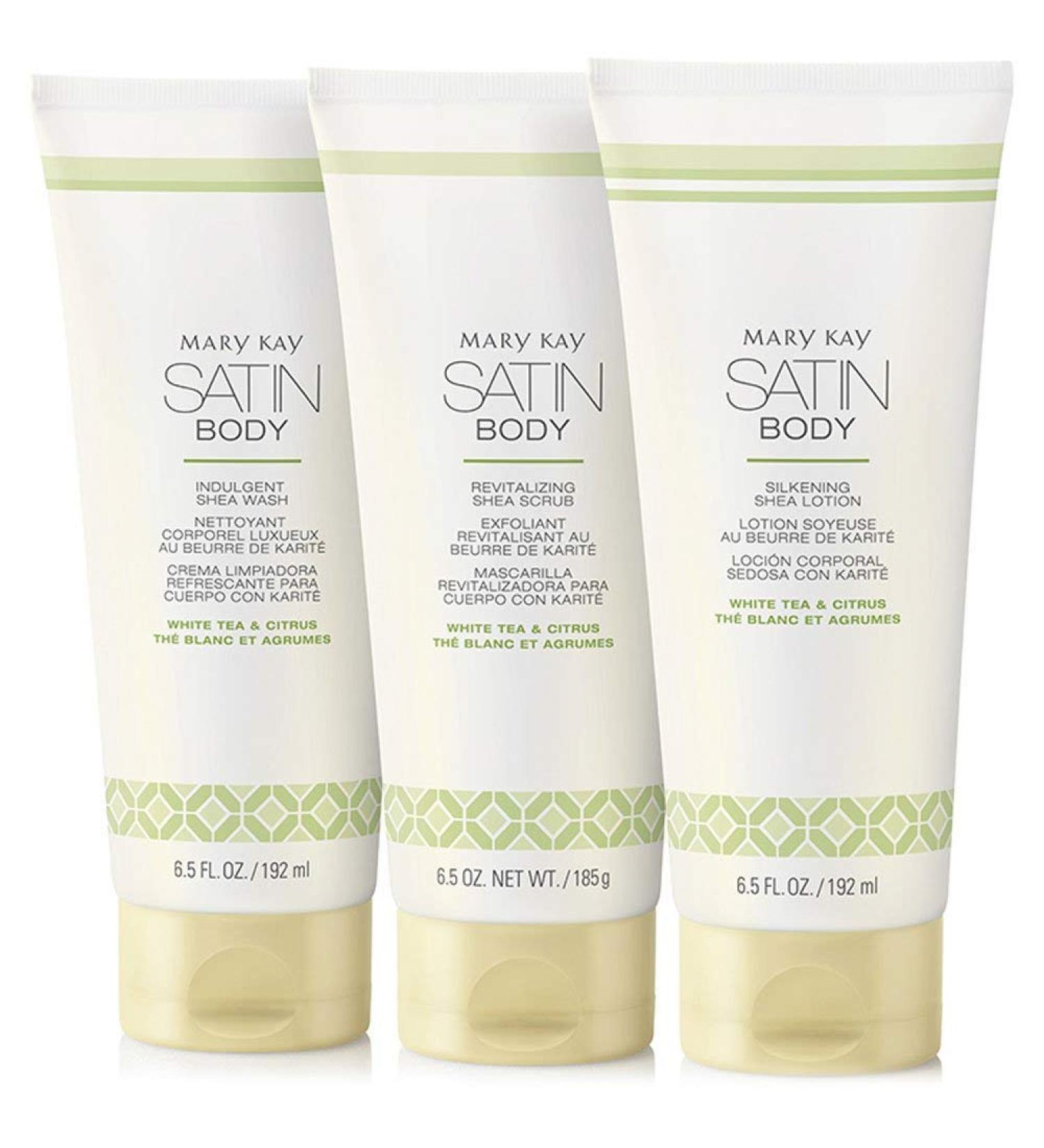 Mary Kay Satin Body Shea Set - Revitalizing Scrub  Indulgent Wash and Silkening Lotion 6.5 oz. / 185 g