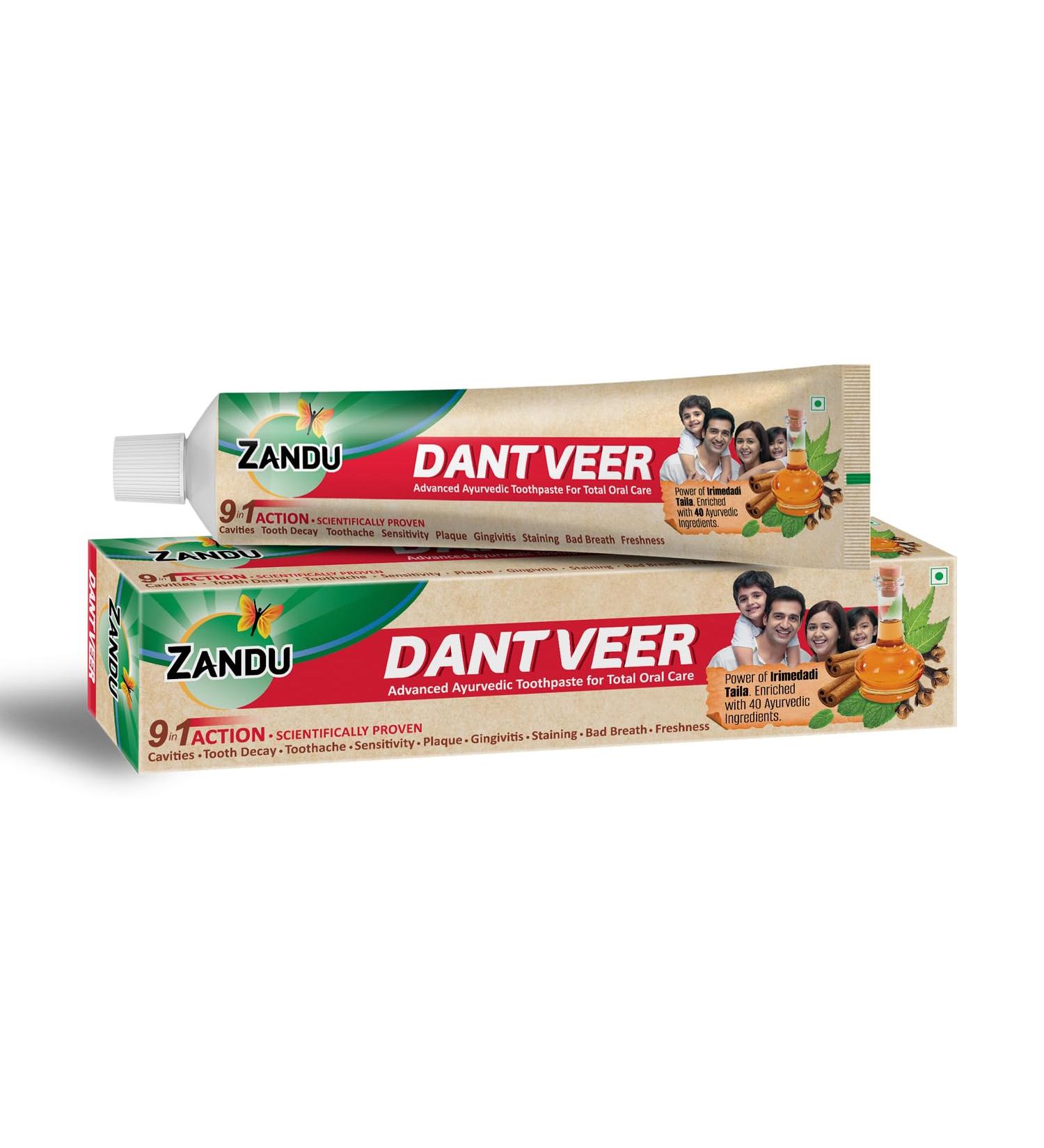 Zandu Dantveer 100G - Advanced Ayurvedic Toothpaste with Irimedadi Oil | Fights 9 Dental Problems | Scientifically Proven Oral Care - Buy Online on GoSupps.com