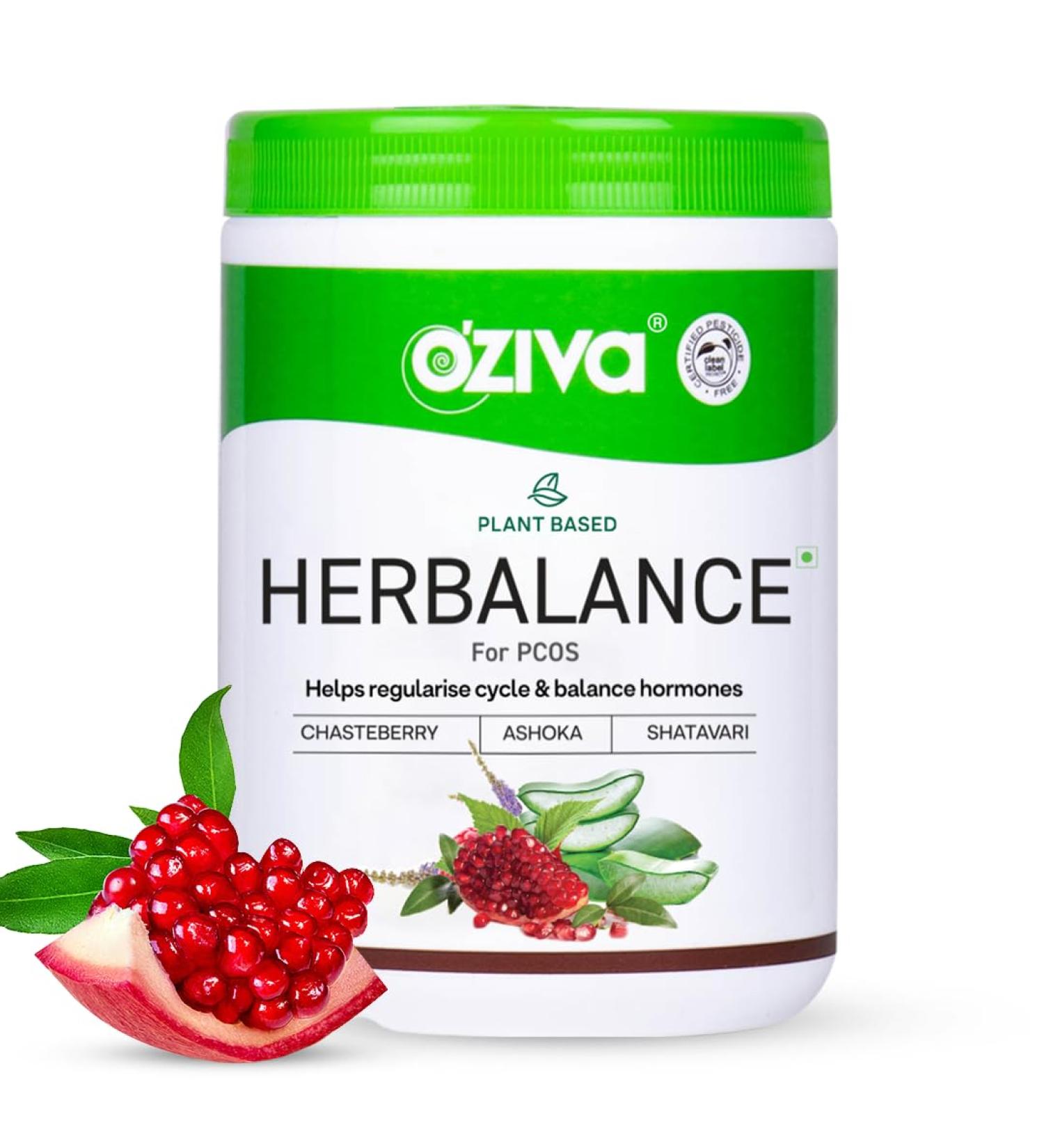 OZIVA Plant Based HerBalance for PCOS | PCOS Supplement for Women for Hormonal Balance & Better Menstrual Cycle | PCOS Drink with Inositol Shatavari Chasteberry Ashoka Certified Clean & Vegan 250g - Buy Online on GoSupps.com