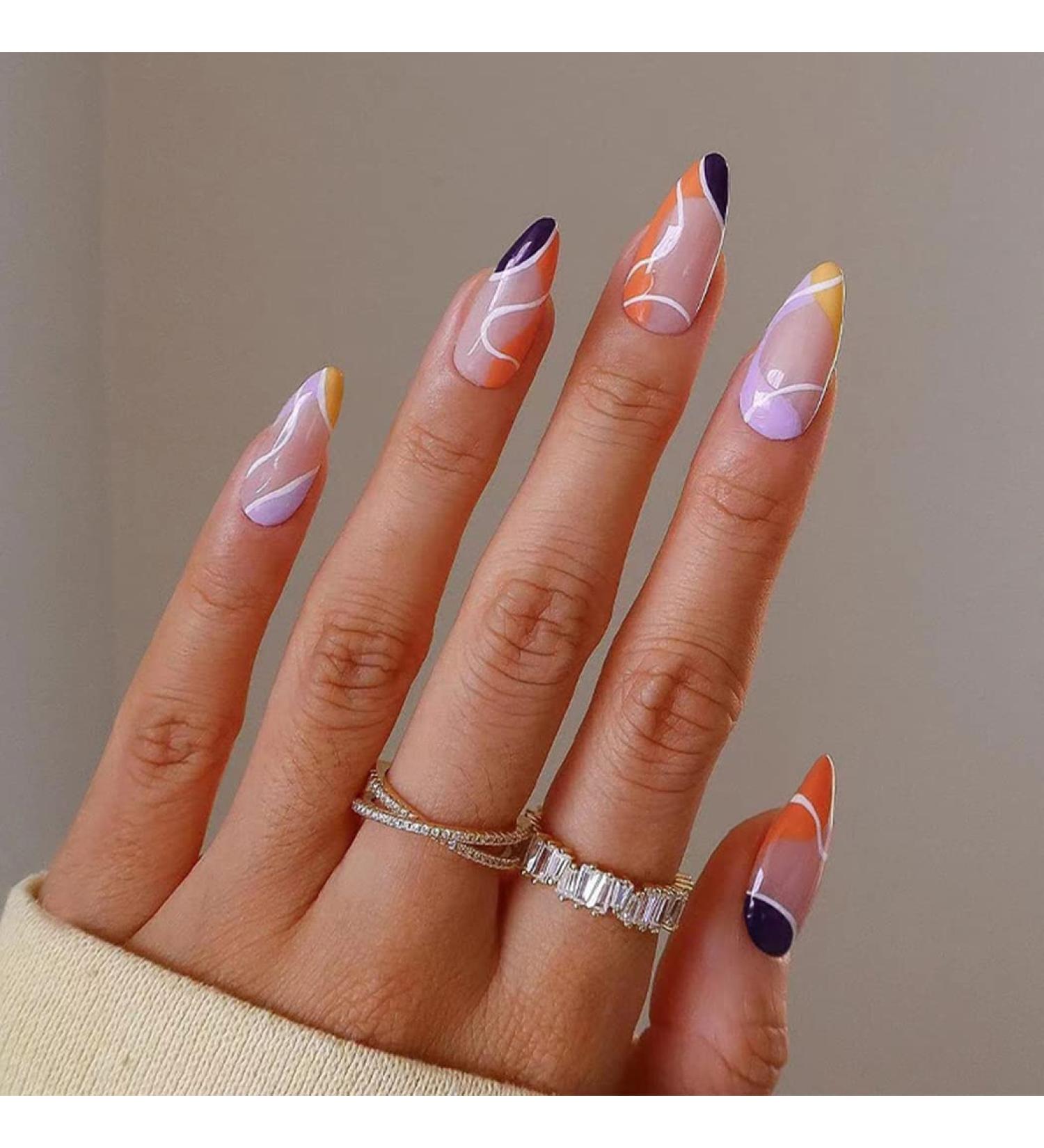 Sethexy Abstract Almond Shape False Nails - 24pc Multicolored Acrylic French Press On Nails for Women & Girls - Buy Online on GoSupps.com