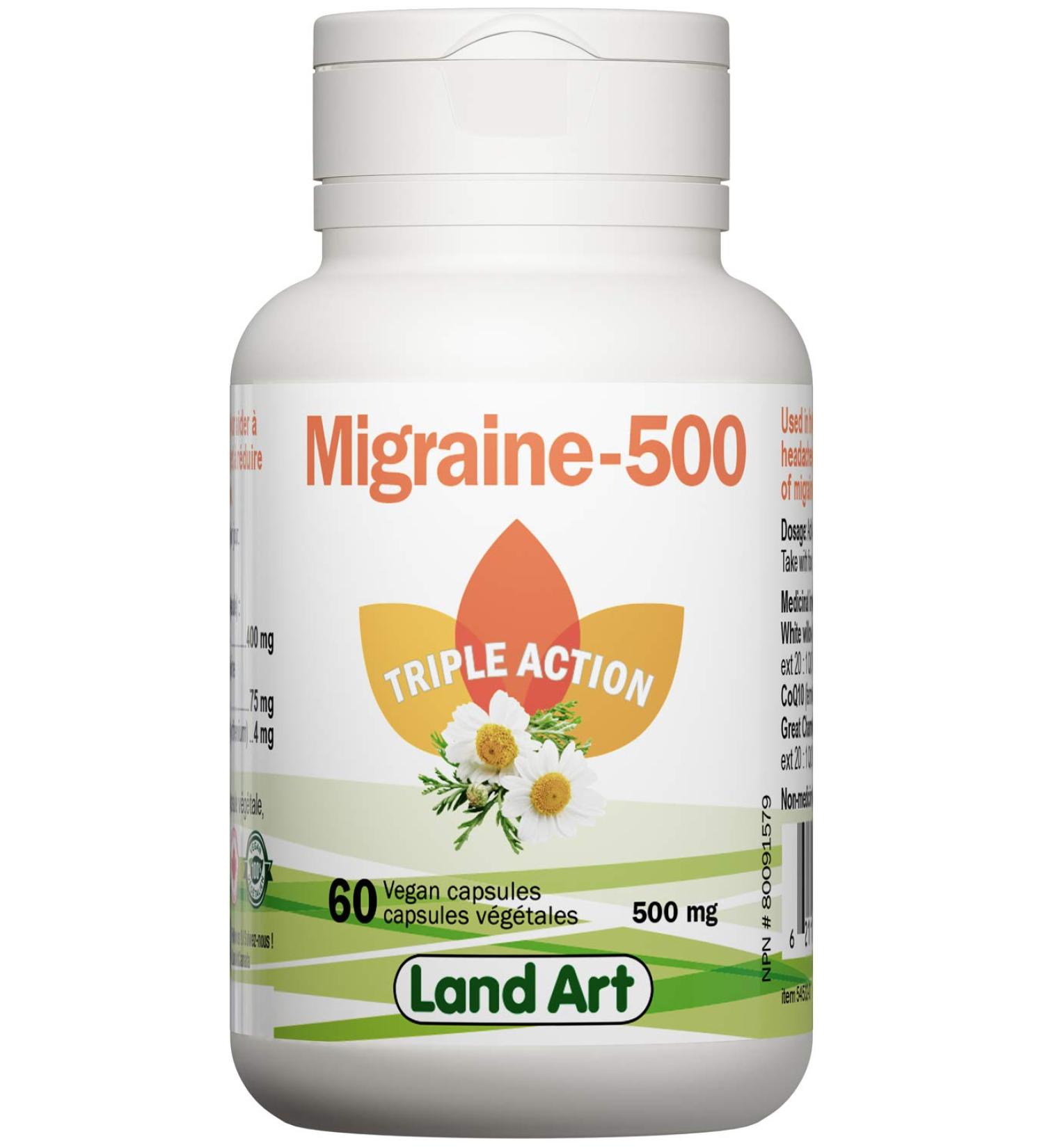 Migraine-500 - Headache & Migraine Relief - Natural Formula - 60 Capsules - Vegan - Gluten Free - GMO Free - Made in Canada - Buy Online on GoSupps.com