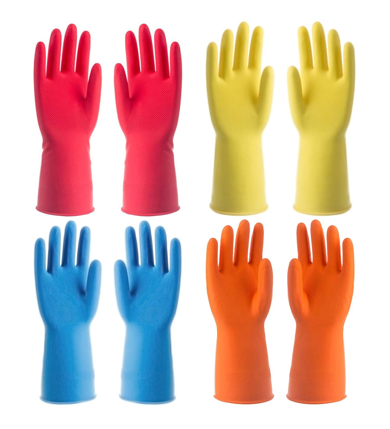 Waterproof Rubber Gloves - 4 Pairs of Reusable Cleaning Gloves for Dishwashing Kitchen Cleaning Working Painting Gardening in Blue Yellow Orange and Red colors(Large size) - Buy Online on GoSupps.com