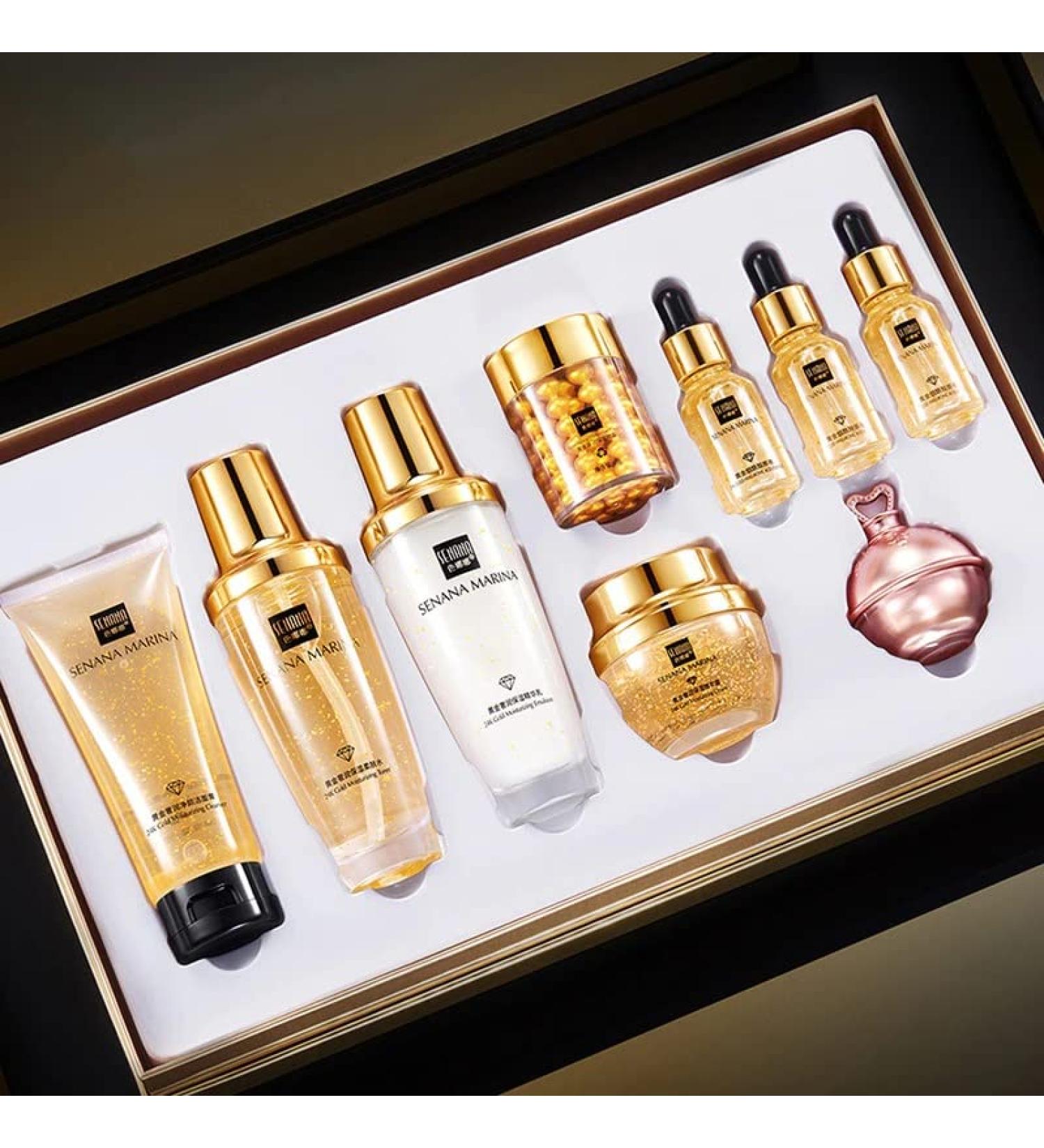 SENANA 24K Gold Skin Care Set - Moisturizing Face Cream & Essence Set for Pore Reduction, Oil Control - 9 Piece Kit - Buy Online on GoSupps.com