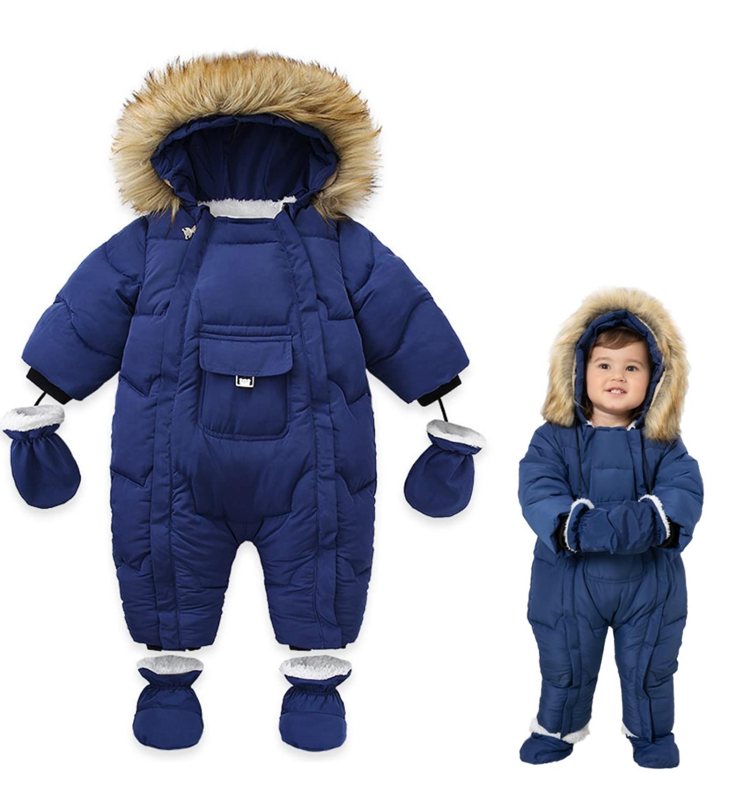 Milkiwai Newborn Baby Hooded Snowsuit Quilted Romper, Thicken Cotton Fleece Coats with Double Zipper and Gloves 66 Blue - Buy Online on GoSupps.com