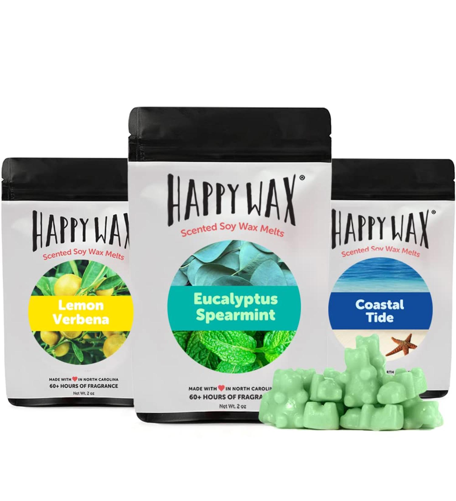Happy Wax Best Sellers Collection - 6 oz Scented Natural Soy Wax Melts - Lemon Verbena, Eucalyptus Spearmint, Coastal Tide - Buy Online on GoSupps.com