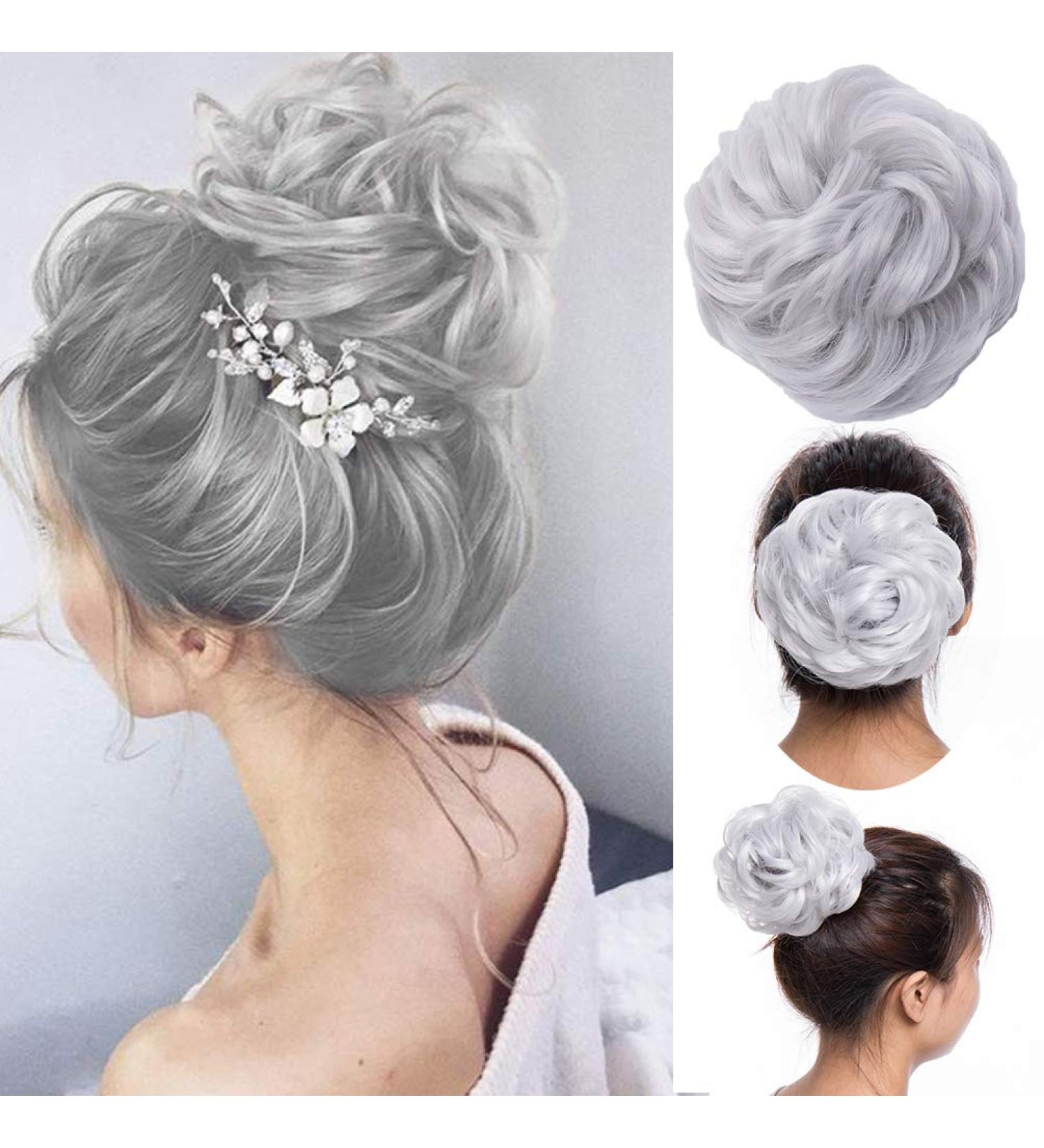 Silver Gray Messy Hair Bun Scrunchie Extension for Women | Curly Wavy Chignon Updo Hairpiece and Ponytail Accessory - Buy Online on GoSupps.com