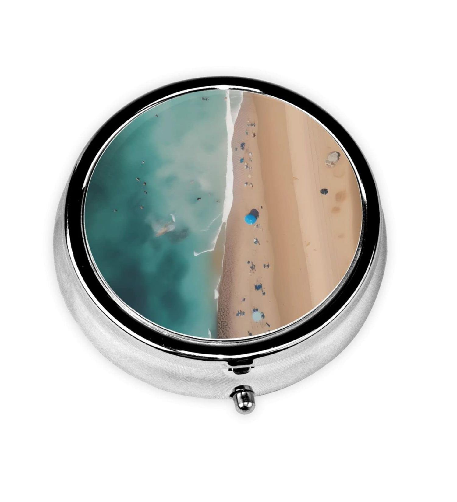 Portable 3 Compartment Round Pill Box Organizer - Aerial View of Beach - Ideal for Travel - Buy Online on GoSupps.com