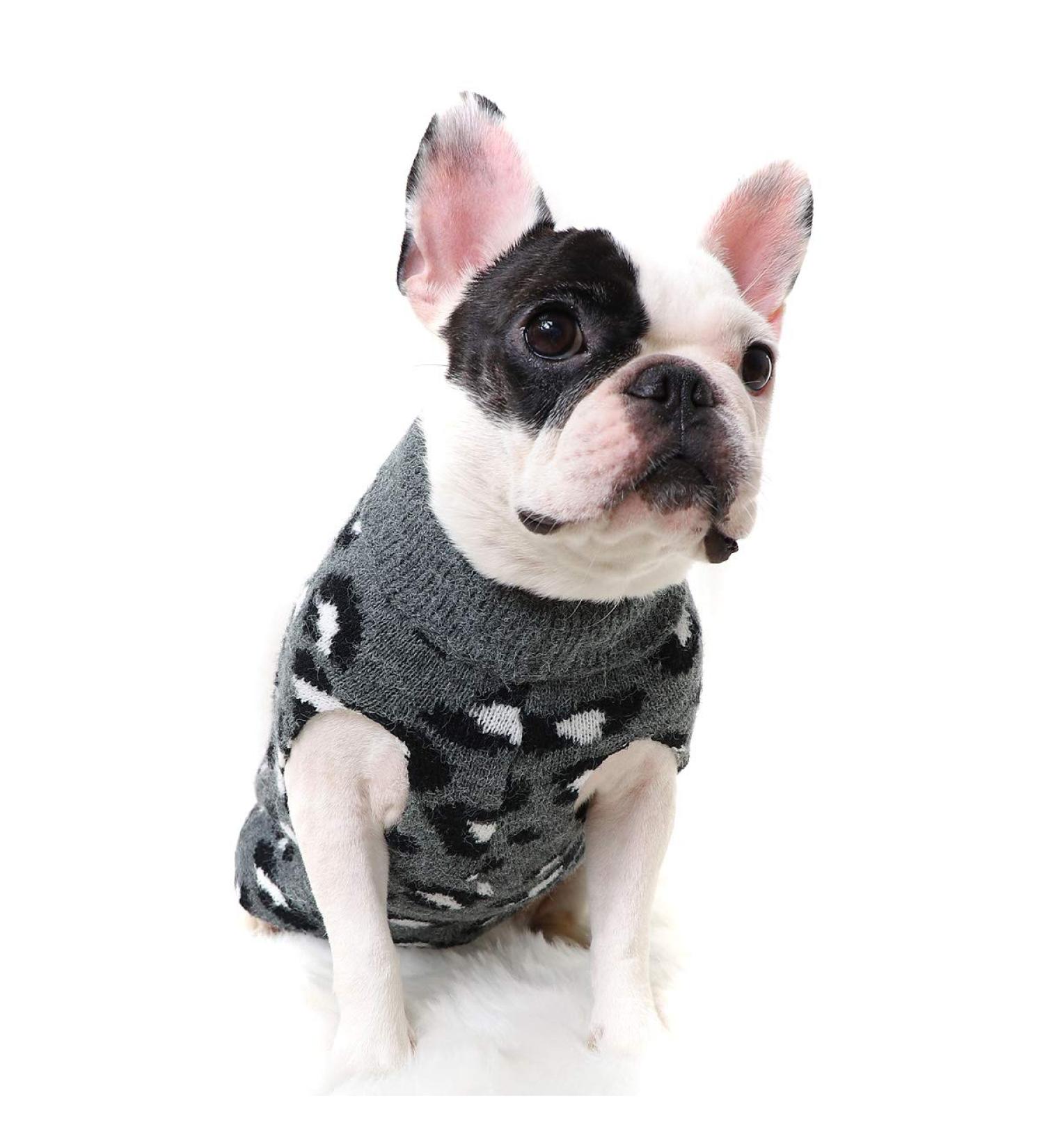 FAMKIT Dog Sweater - Winter Knitwear for Small Dogs | Leopard Pattern Warm Puppy Clothes (M: 3-5KG) - Gray - Buy Online on GoSupps.com