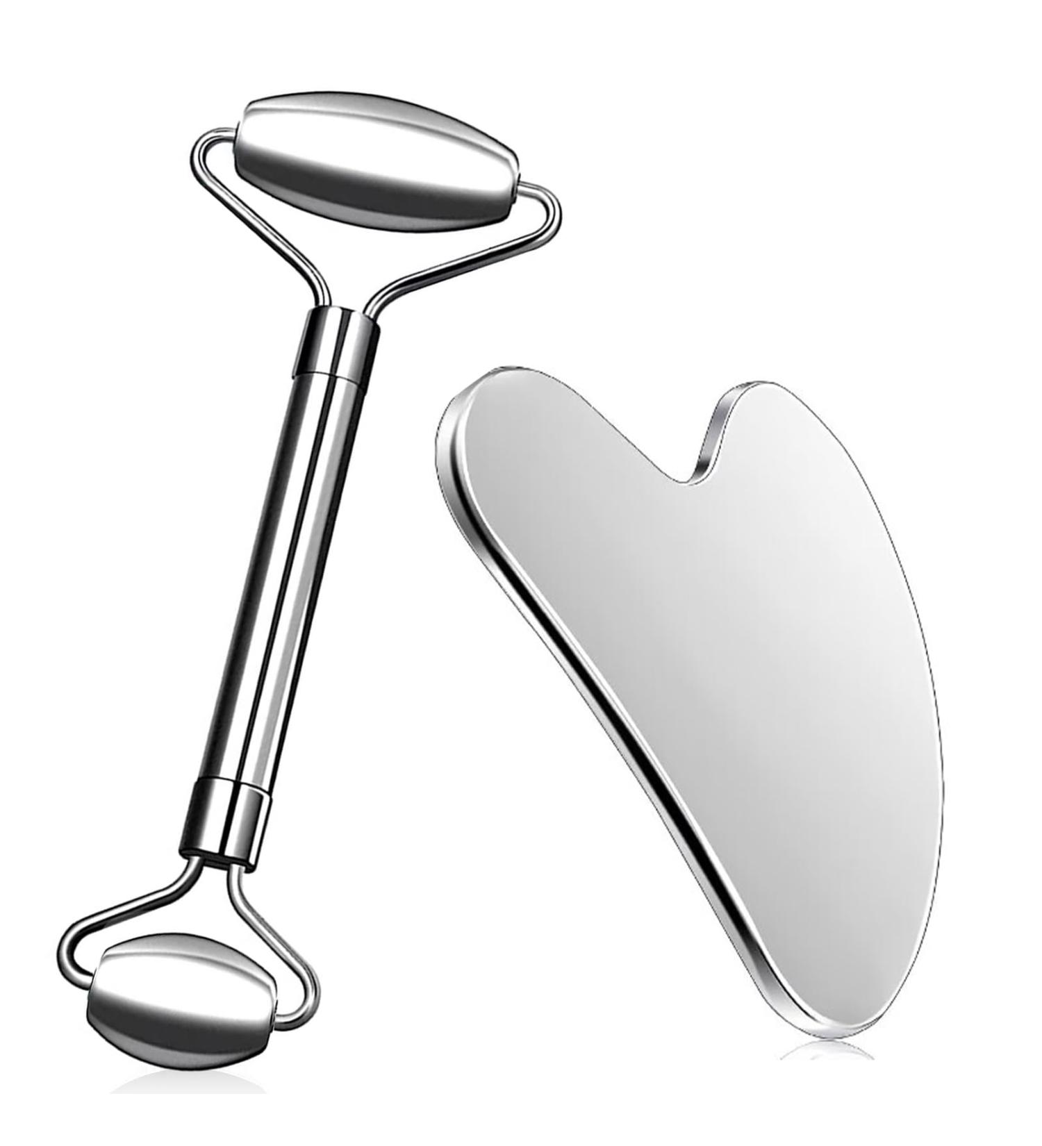 Stainless Steel Gua Sha & Facial Roller Massage Kit - 2 in 1 for Face Eyes & Body - Premium Skincare & Relaxation - Buy Online on GoSupps.com