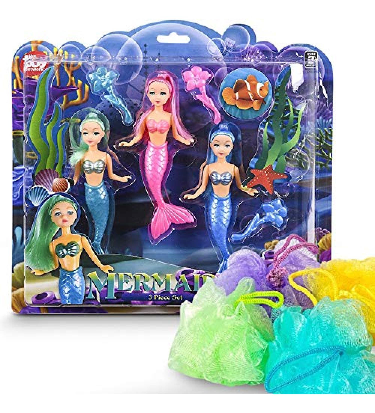 Twilight Bunco Events Mermaid Doll and Bath Sponge Set - 3 Mermaid Dolls & Colorful Bath Sponges - Buy Online on GoSupps.com