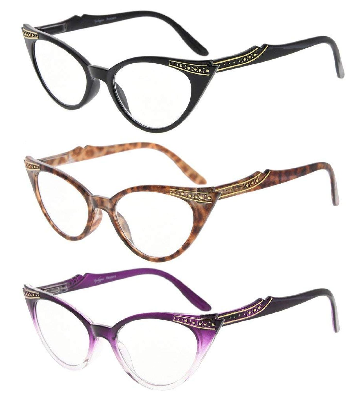 Eyekepper Women s Vintage Cat Eye Reading Glasses - 3 Pairs (Black Tortoise Purple Transparent) - Stylish 2.00 Magnification - Buy Online on GoSupps.com