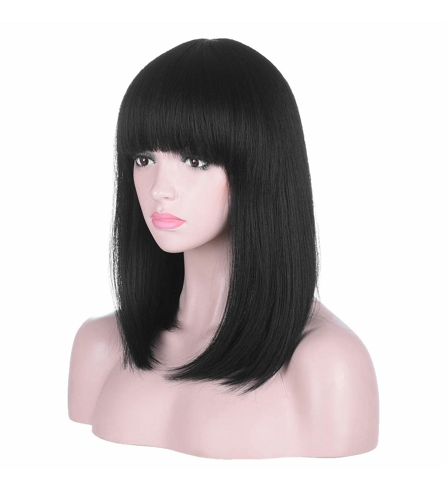 AMZCOS 15 Short Straight Black Bob Wig with Bangs - Heat Resistant Synthetic Hair for Women - Buy Online on GoSupps.com