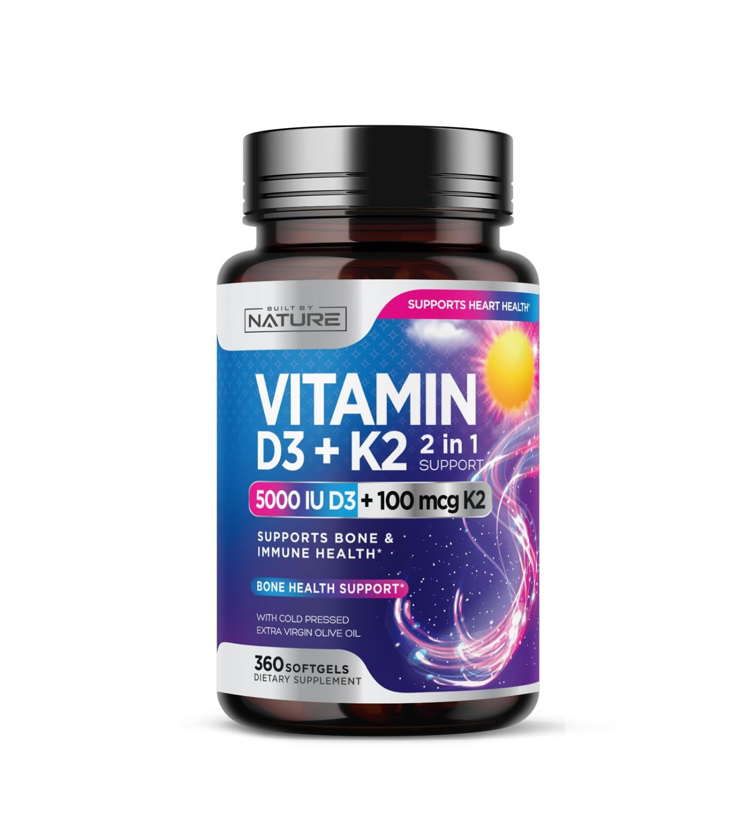 Built by Nature Vitamin D3 K2 with Cold Pressed Extra Virgin Olive Oil 5000 IU Vitamin D 100mcg Vitamin K MK-7 Supplement Easy to Swallow Mini Soft Gels - 1 Year Supply - 360 Softgels - Buy Online on GoSupps.com