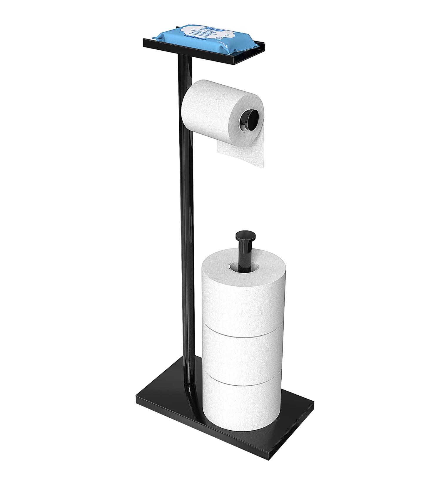 Black Toilet Paper Holder Stand with Phone Shelf - Bathroom Decor for Tissue Roll Storage - Buy Online on GoSupps.com