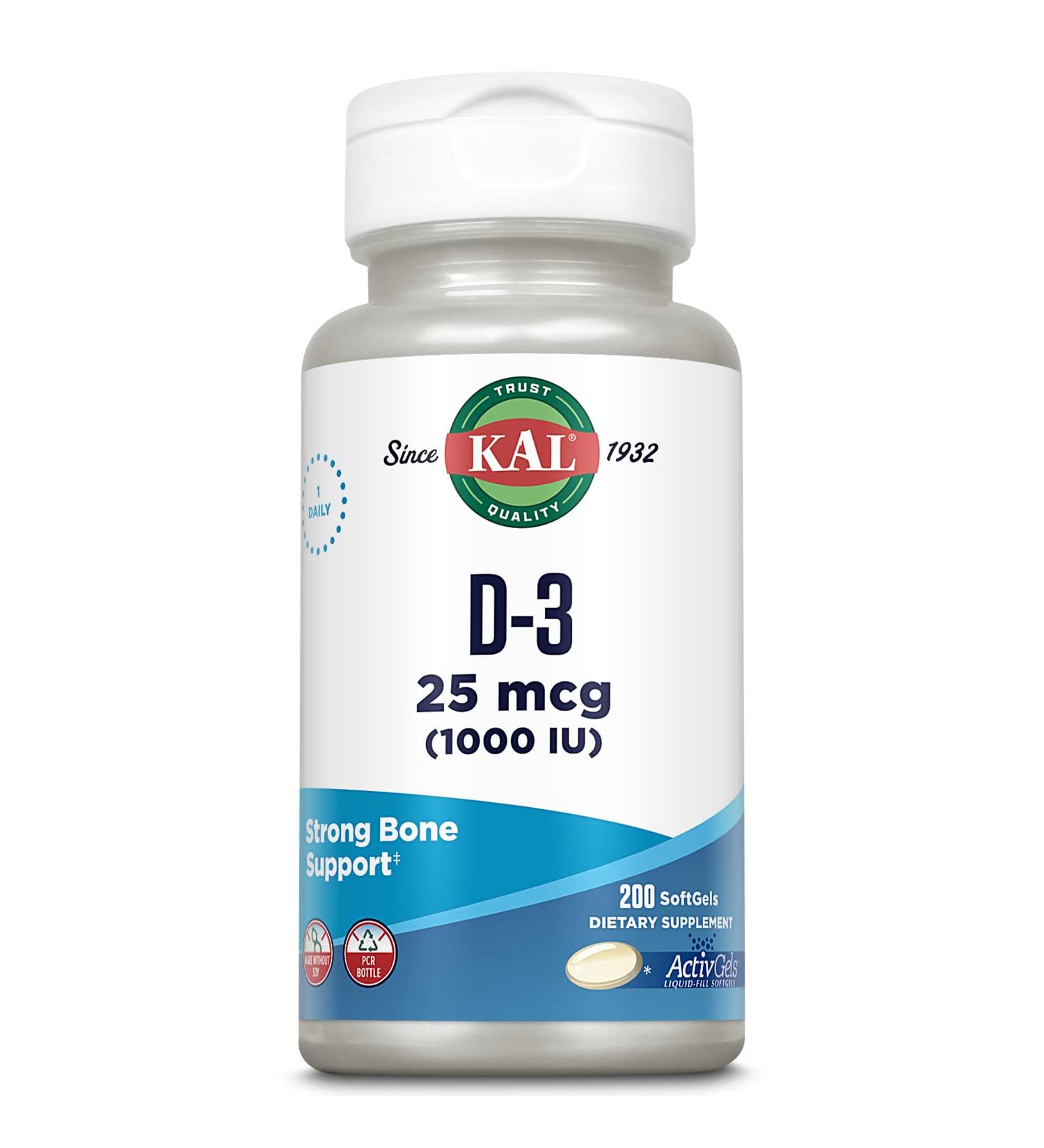 KAL Vitamin D3 1000 IU Softgels - Active Form for Bone Health & Immune Support - 200 Servings - Buy Online on GoSupps.com