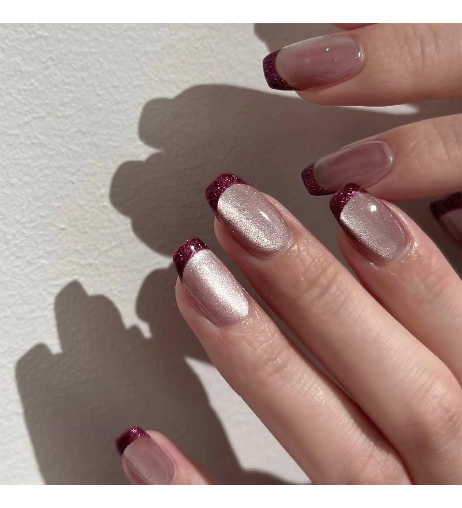 French Tip Press on Nails - Short Square Press On Nails with Nail Tips Red Edge French Nake Pink Cat Eye False Nail Sparkling pink Glossy press on nails Acrylic False Nails Cute Artificial Nails - Buy Online on GoSupps.com