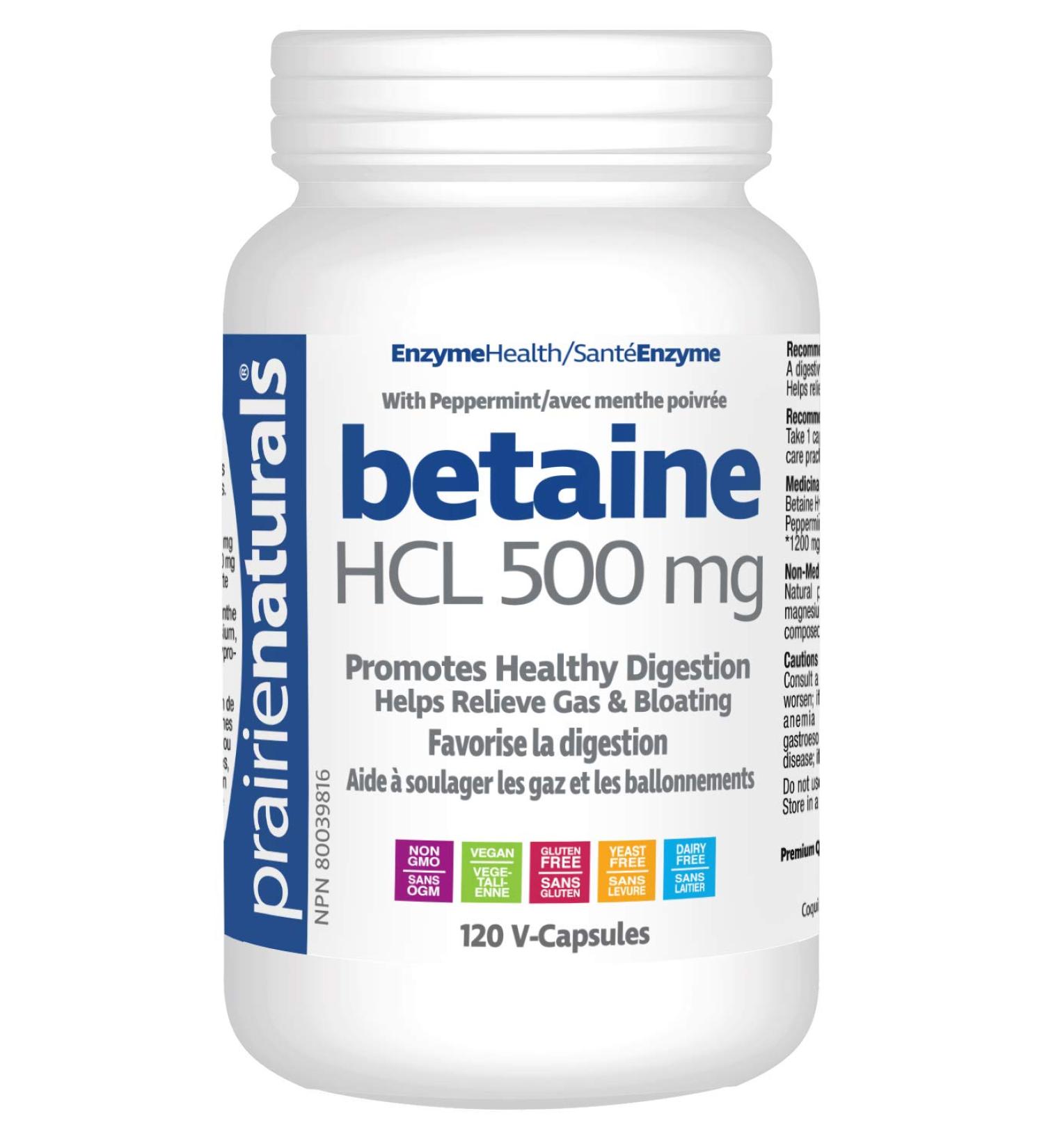 Prairie Naturals Betaine HCL 500mg VCaps - 120 Count Unflavored 120 Count (Pack of 1) - Buy Online on GoSupps.com