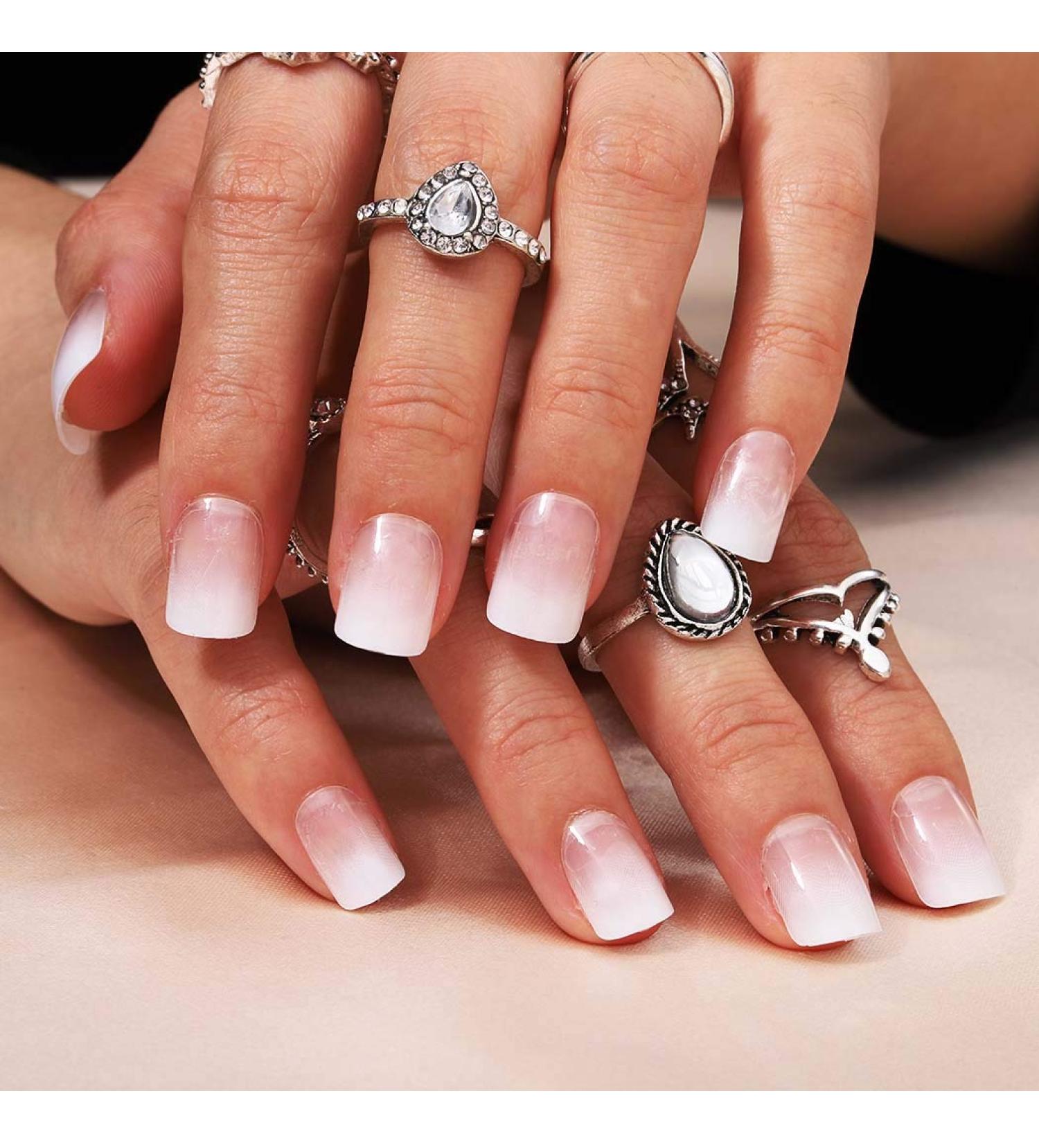 Bomine Ombre White Press on Fake Nails - 24Pcs Short Square Glossy Acrylic Full Cover Tips for Women and Girls - Buy Online on GoSupps.com